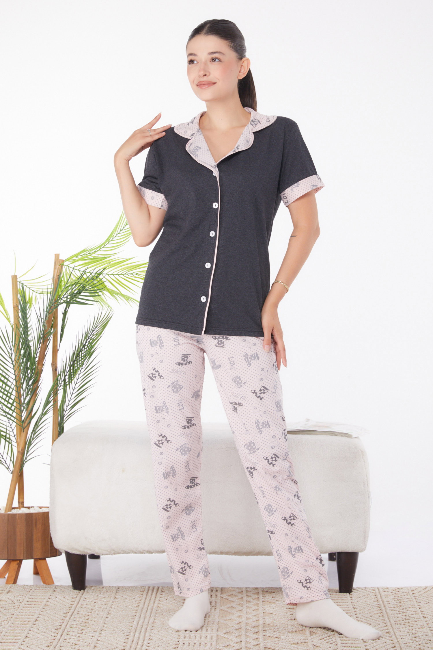 Düz Gömlek Yaka Kadın Antrasit Desenli Pijama Takımı - 25945 - 1