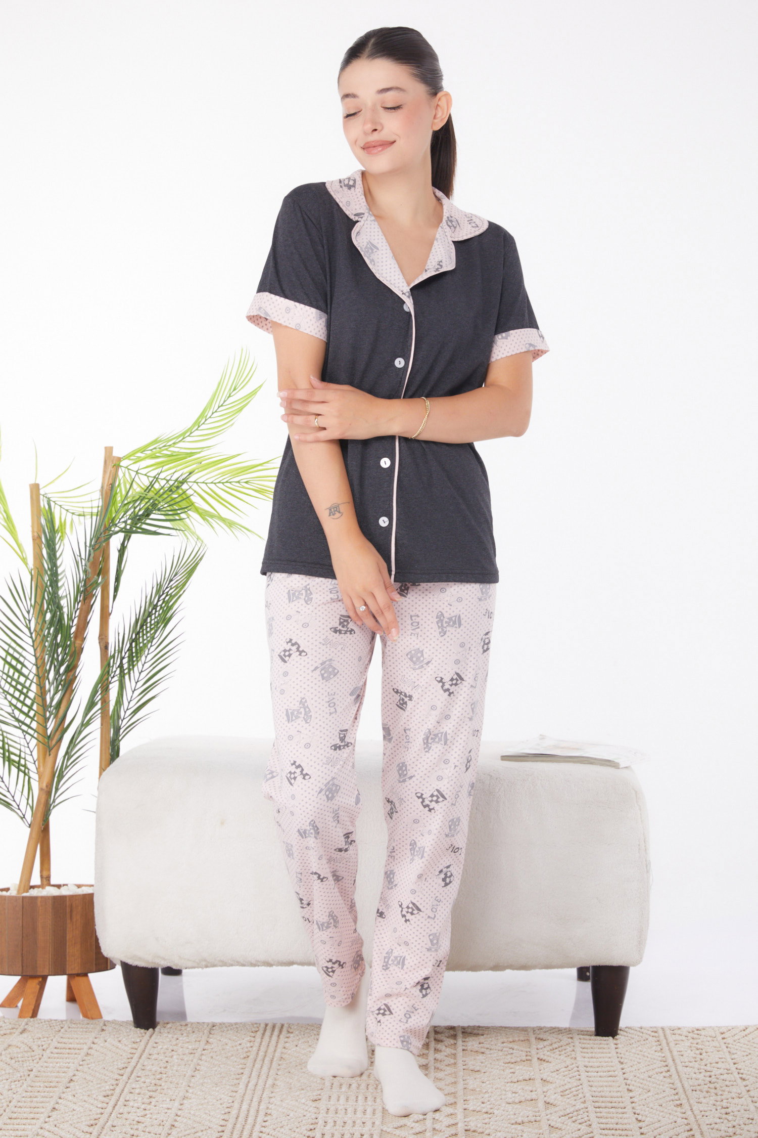 Düz Gömlek Yaka Kadın Antrasit Desenli Pijama Takımı - 25945 - 3