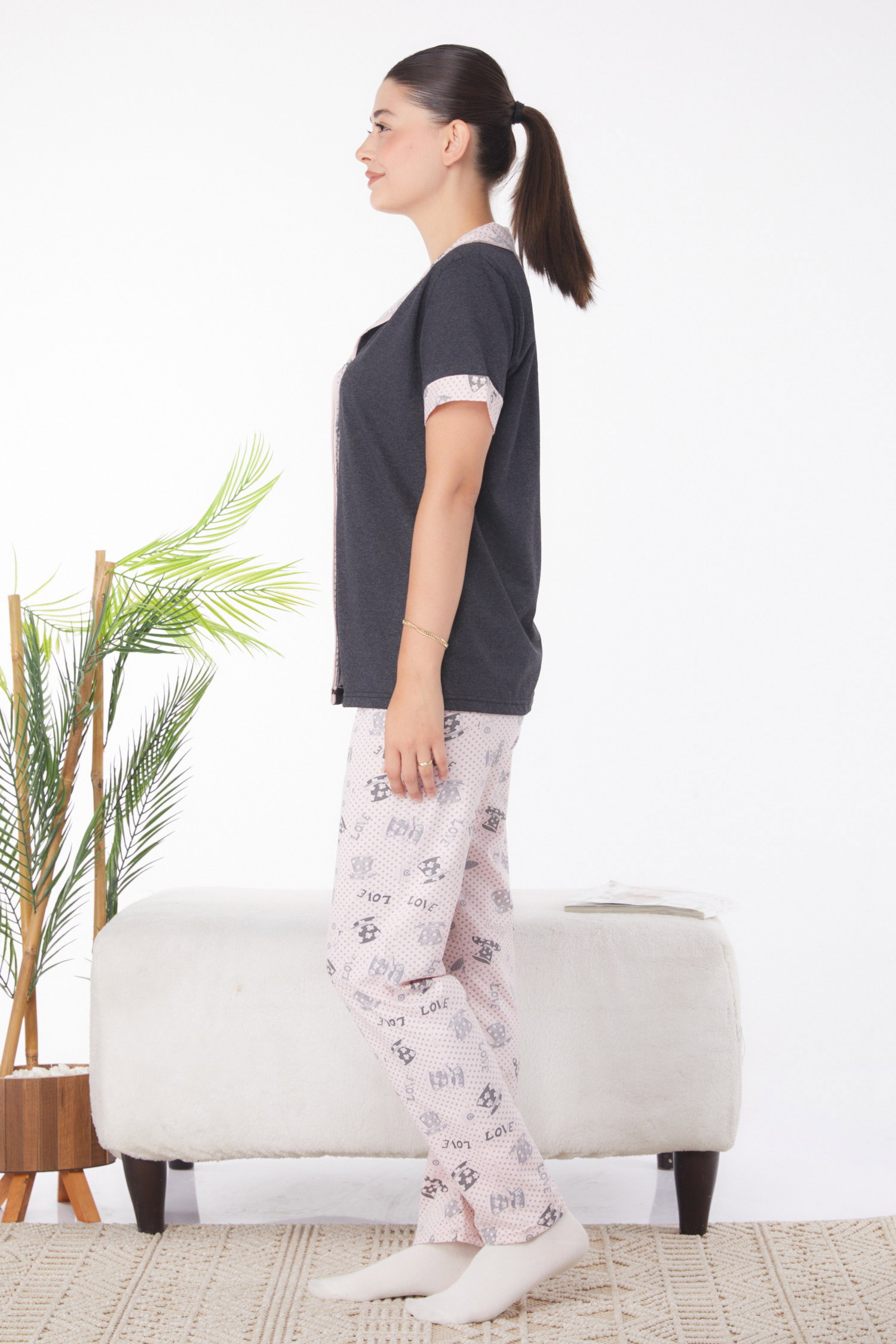 Düz Gömlek Yaka Kadın Antrasit Desenli Pijama Takımı - 25945 - 4