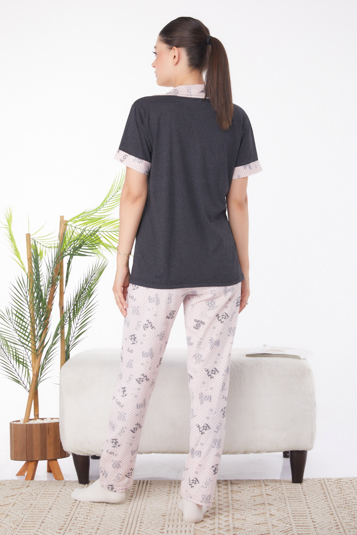 Düz Gömlek Yaka Kadın Antrasit Desenli Pijama Takımı - 25945 - 5