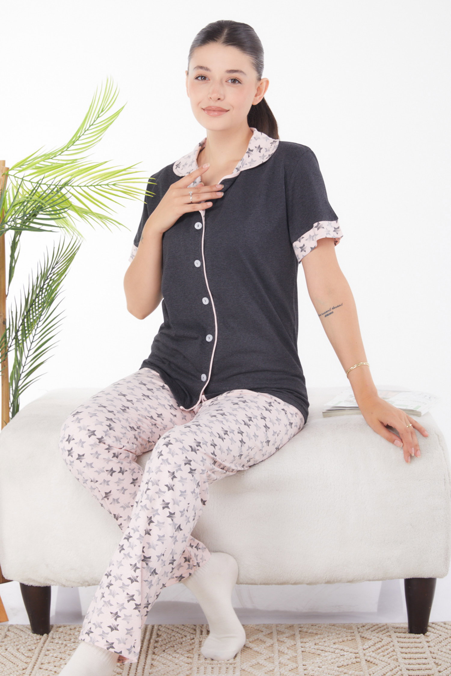 Düz Gömlek Yaka Kadın Antrasit Desenli Pijama Takımı - 25946 - 1