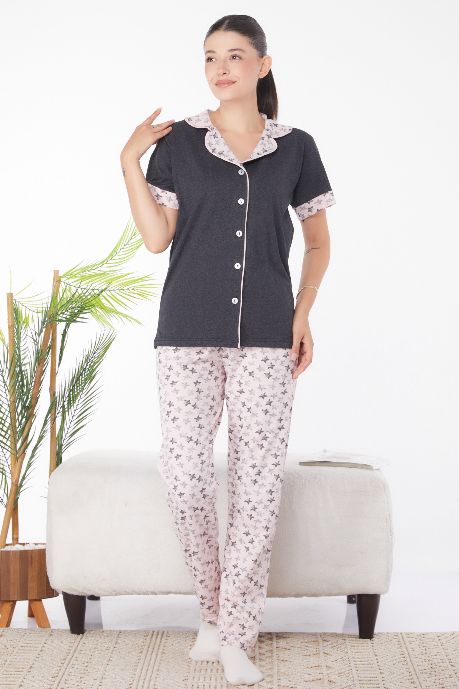 Düz Gömlek Yaka Kadın Antrasit Desenli Pijama Takımı - 25946 - 2