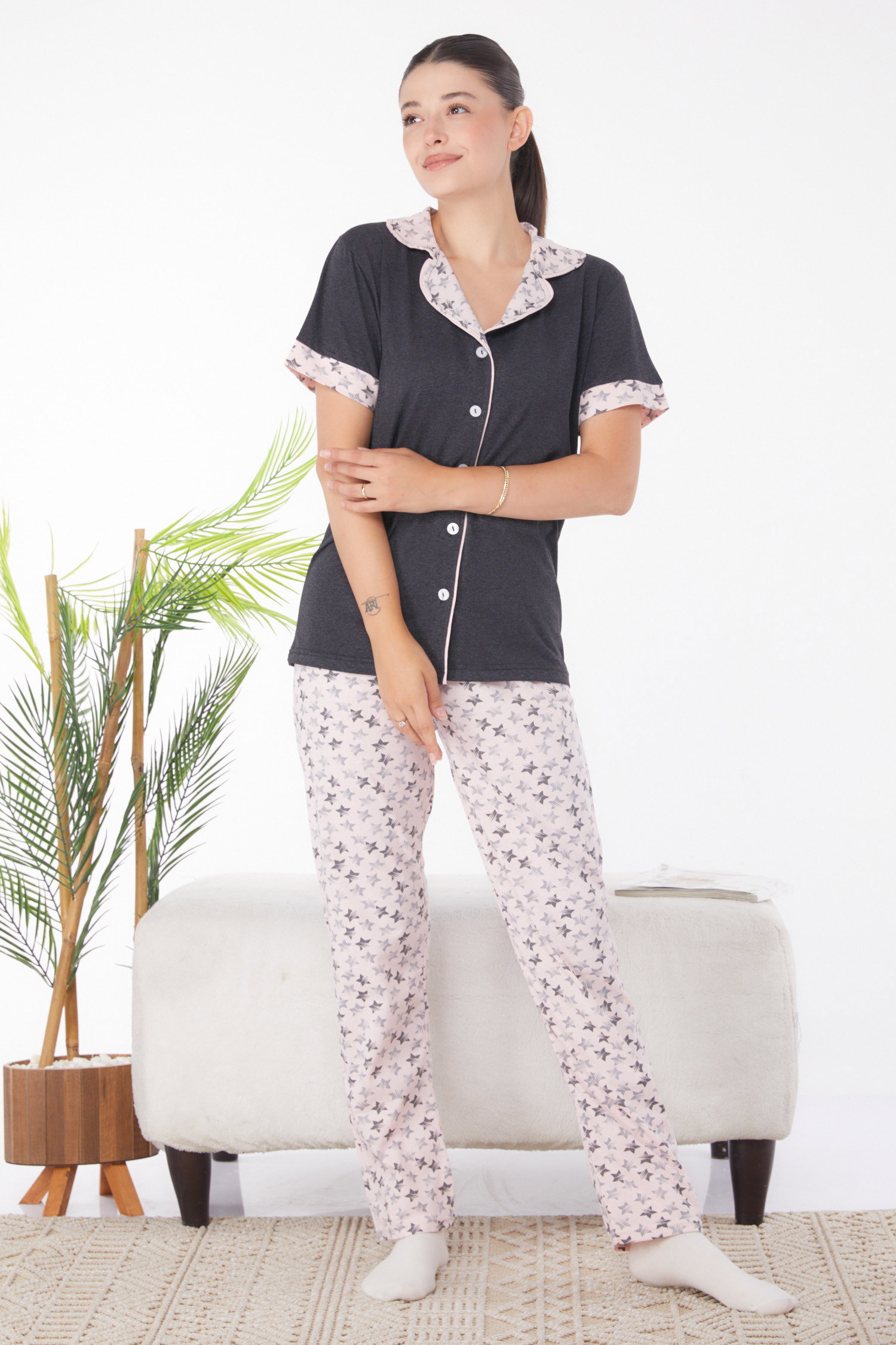 Düz Gömlek Yaka Kadın Antrasit Desenli Pijama Takımı - 25946 - 3