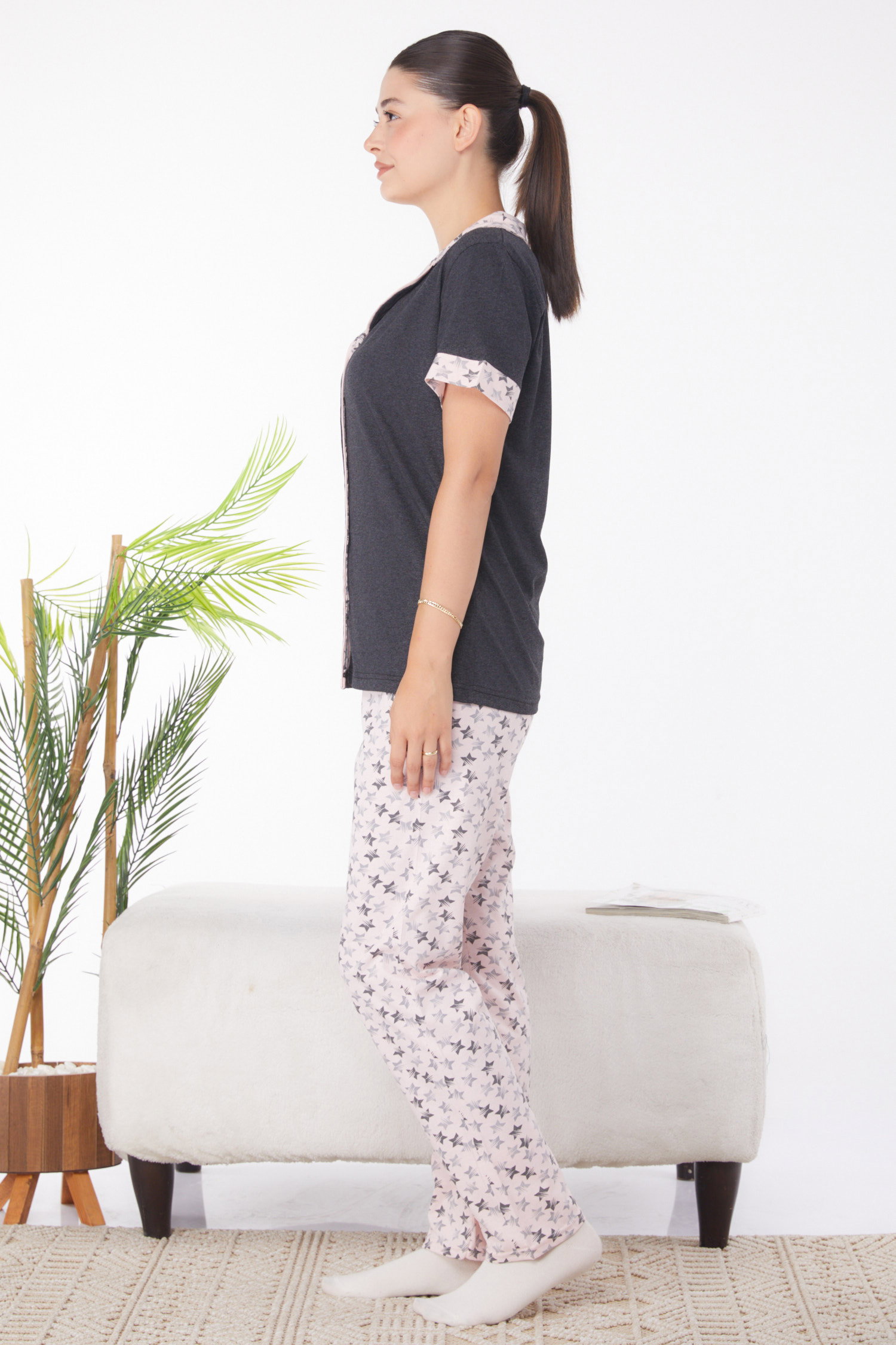 Düz Gömlek Yaka Kadın Antrasit Desenli Pijama Takımı - 25946 - 4