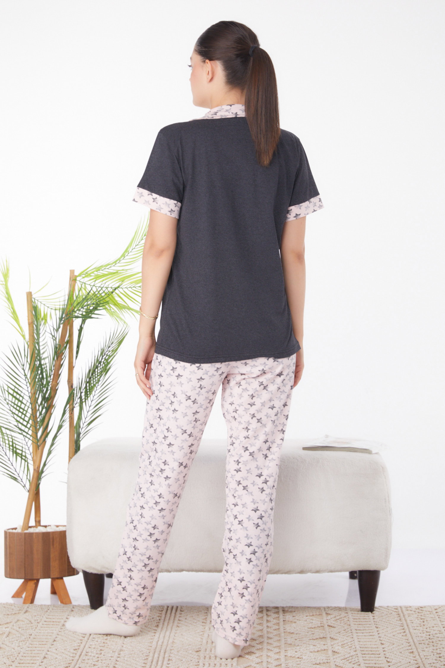 Düz Gömlek Yaka Kadın Antrasit Desenli Pijama Takımı - 25946 - 5