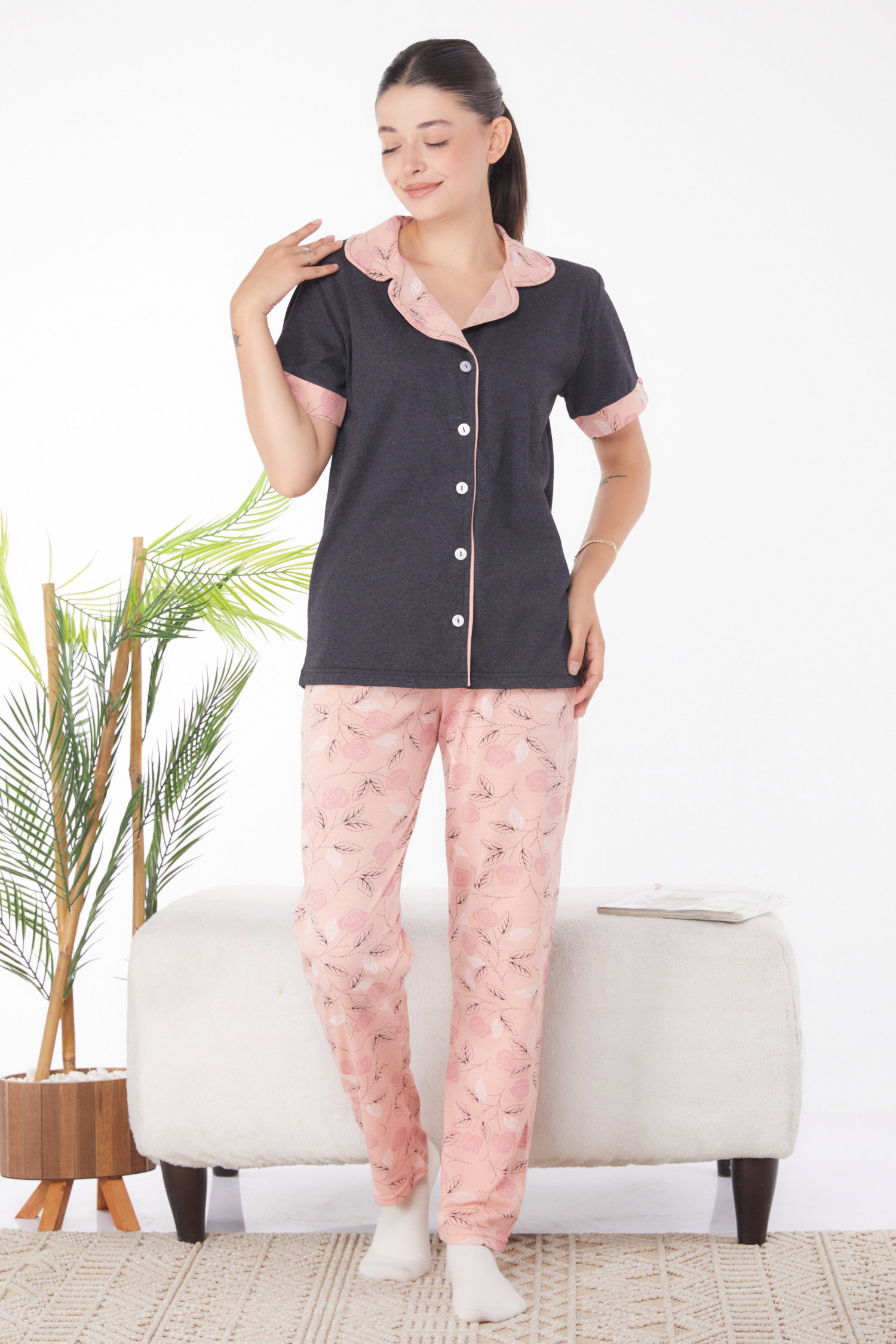 Düz Gömlek Yaka Kadın Antrasit Desenli Pijama Takımı - 25947 - 2