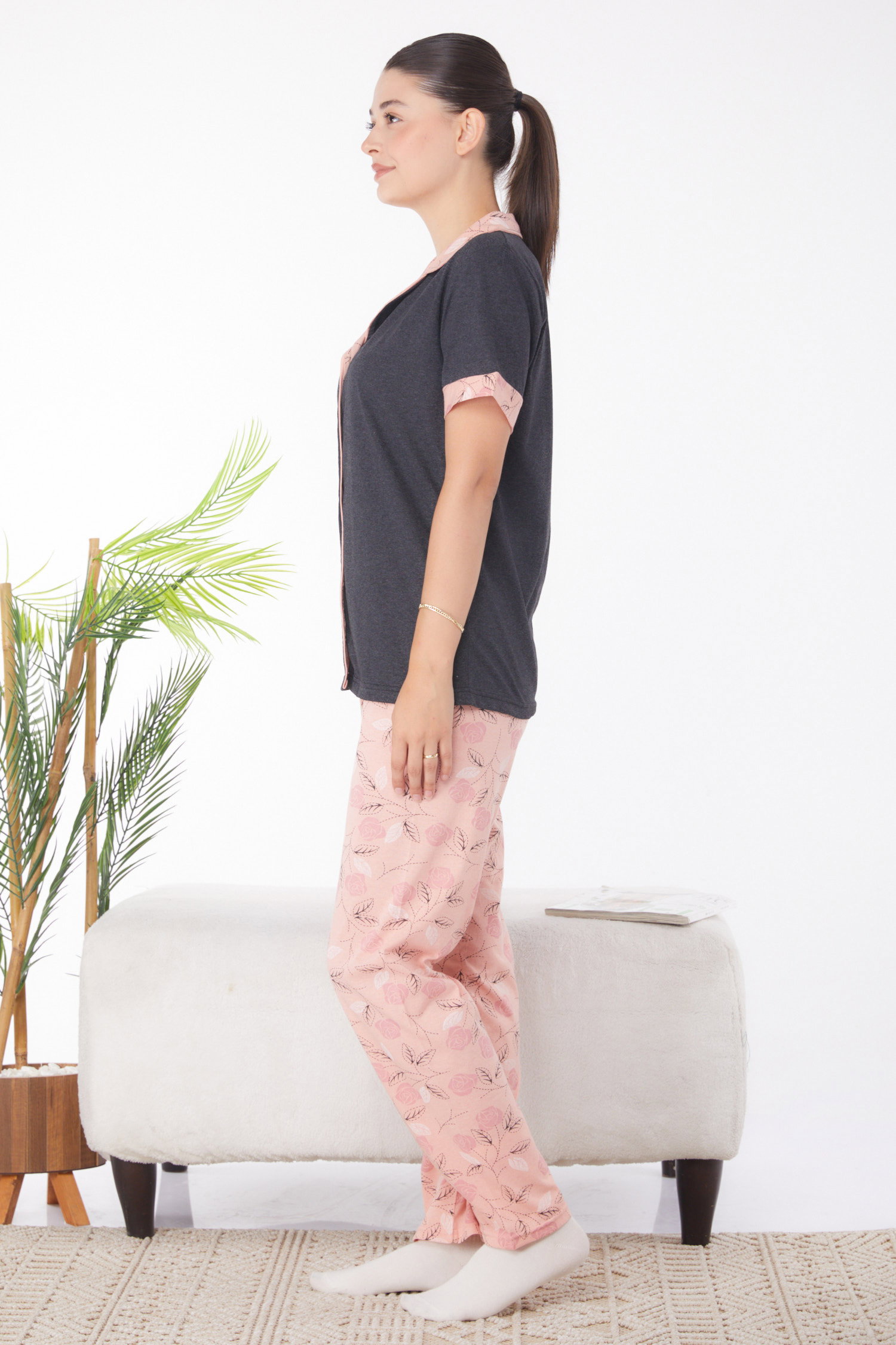 Düz Gömlek Yaka Kadın Antrasit Desenli Pijama Takımı - 25947 - 4