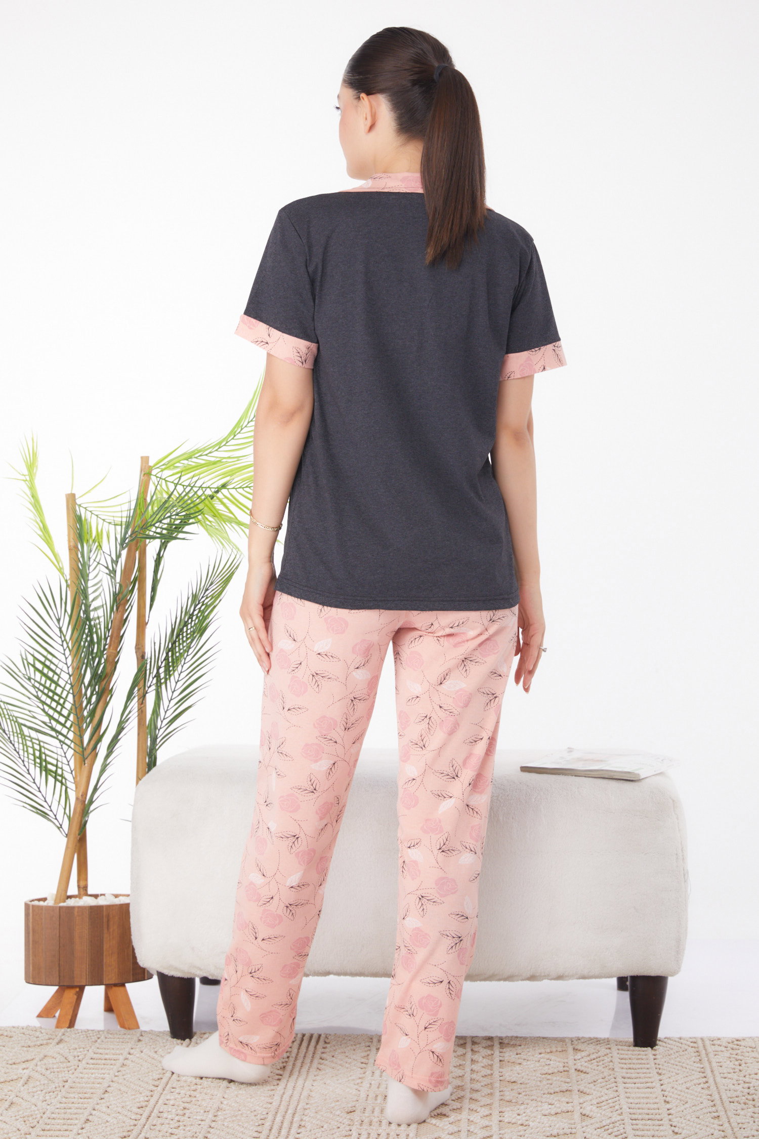 Düz Gömlek Yaka Kadın Antrasit Desenli Pijama Takımı - 25947 - 5