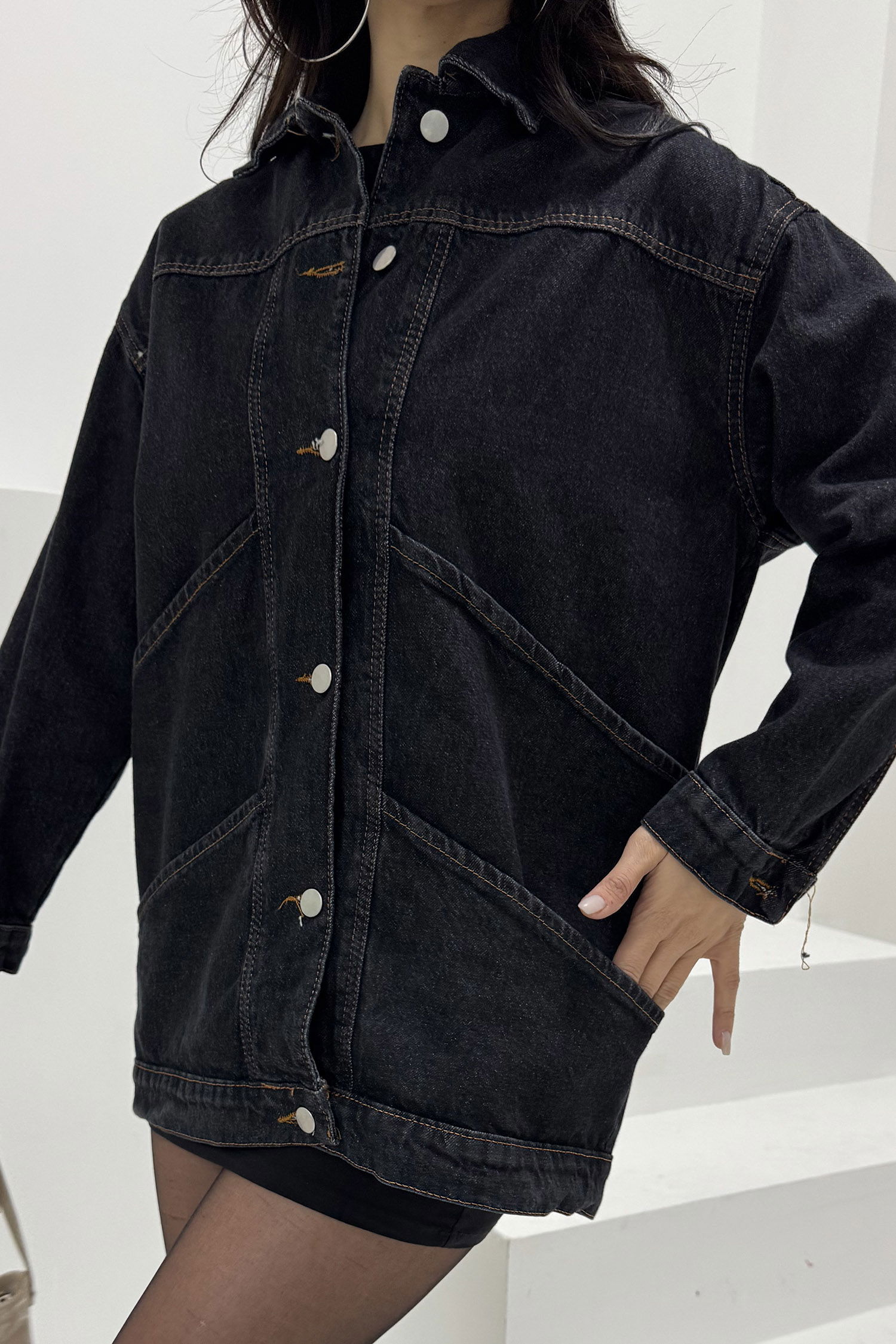 Kadın Oversize Çift Cep Detaylı Kot Ceket Antrasit - 26589 - 4