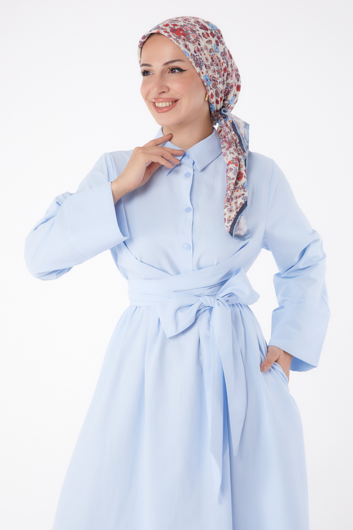 Düz Gömlek Yaka Kadın Bebe Mavi Belden Bağcıklı Elbise - 26066 - 3