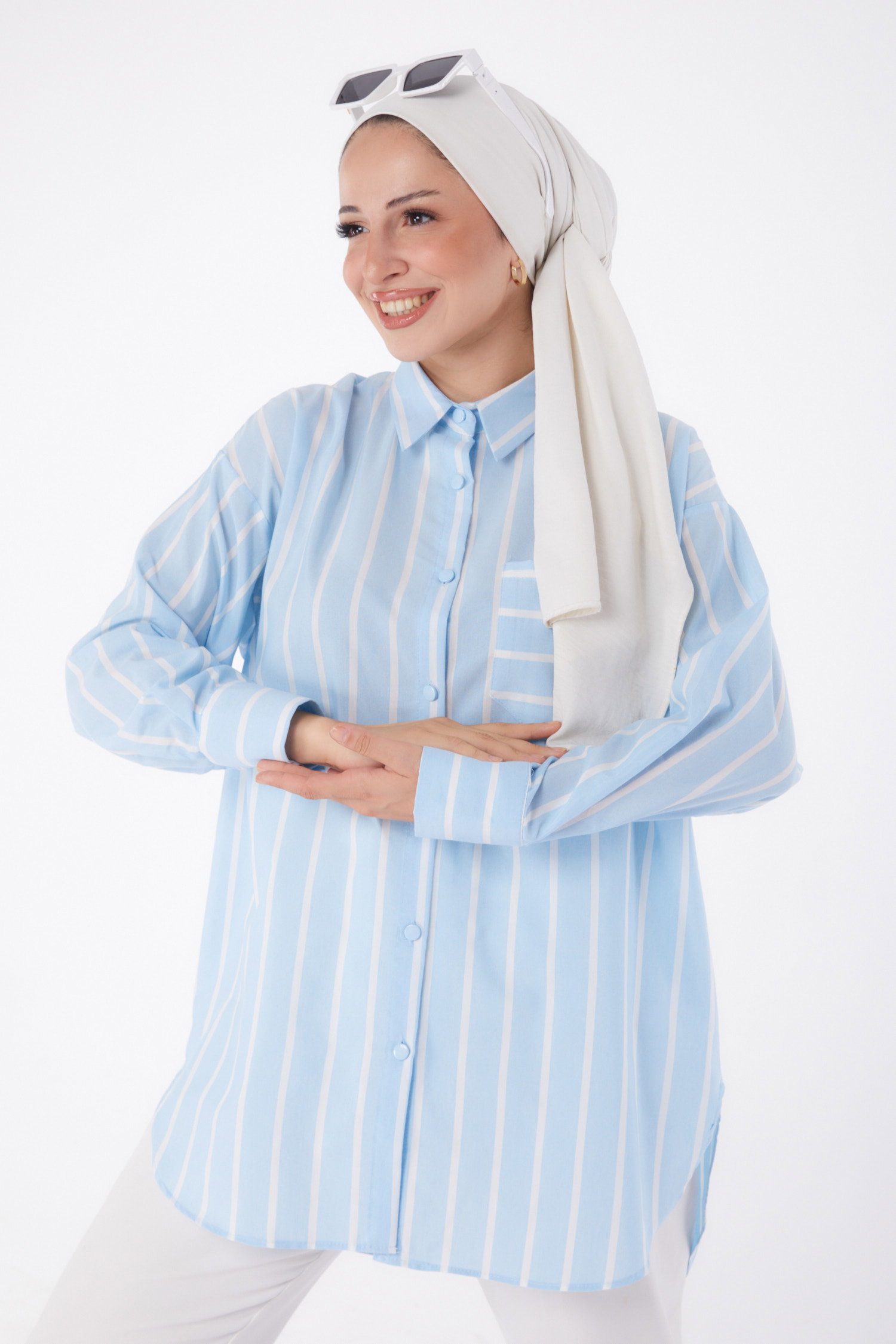 Düz Gömlek Yaka Kadın Bebe Mavi Tek Cepli Çizgili Tunik - 25996 - 2