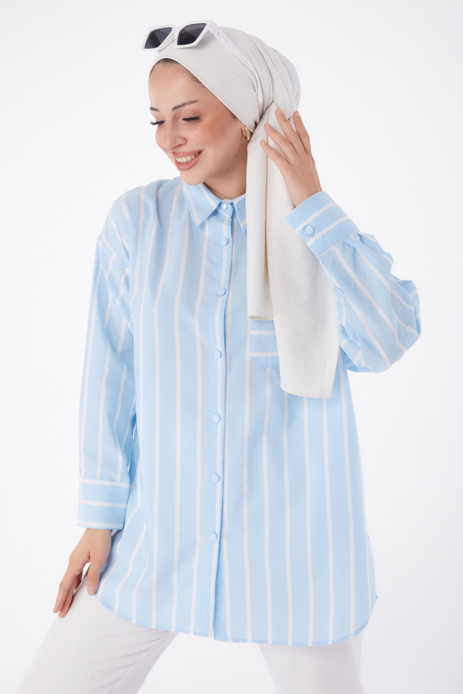 Düz Gömlek Yaka Kadın Bebe Mavi Tek Cepli Çizgili Tunik - 25996 - 3