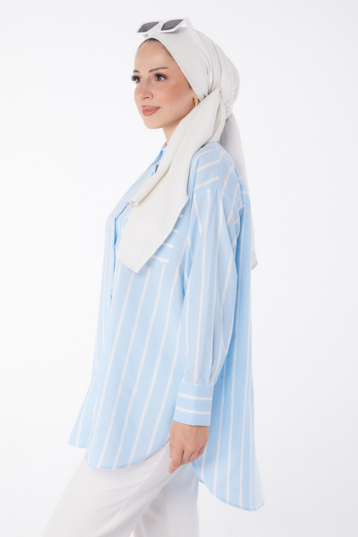 Düz Gömlek Yaka Kadın Bebe Mavi Tek Cepli Çizgili Tunik - 25996 - 4
