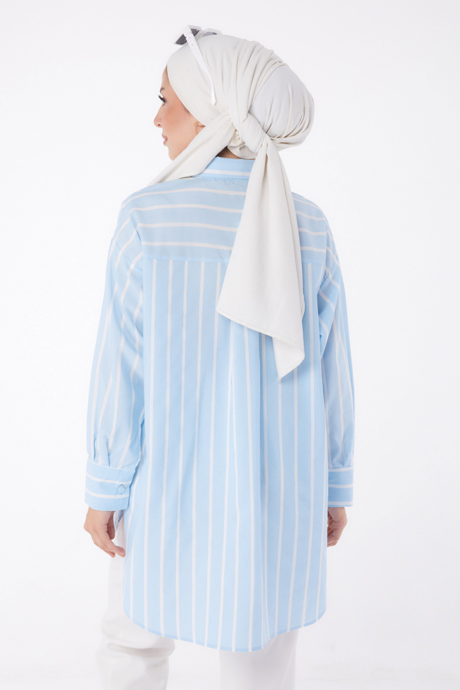 Düz Gömlek Yaka Kadın Bebe Mavi Tek Cepli Çizgili Tunik - 25996 - 5