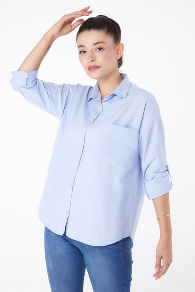 Düz Gömlek Yaka Kadın Bebe Mavi Tek Cepli Gömlek - 26268 