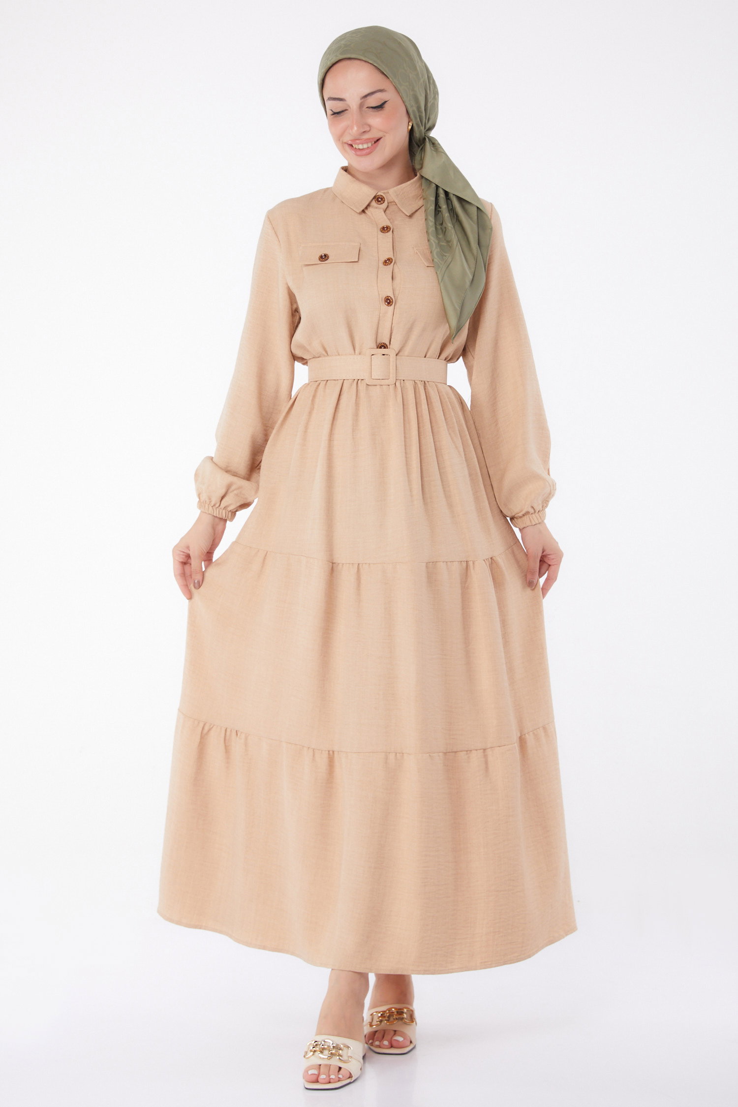 Düz Gömlek Yaka Kadın Bej Kemerli Elbise - 26074 - 1