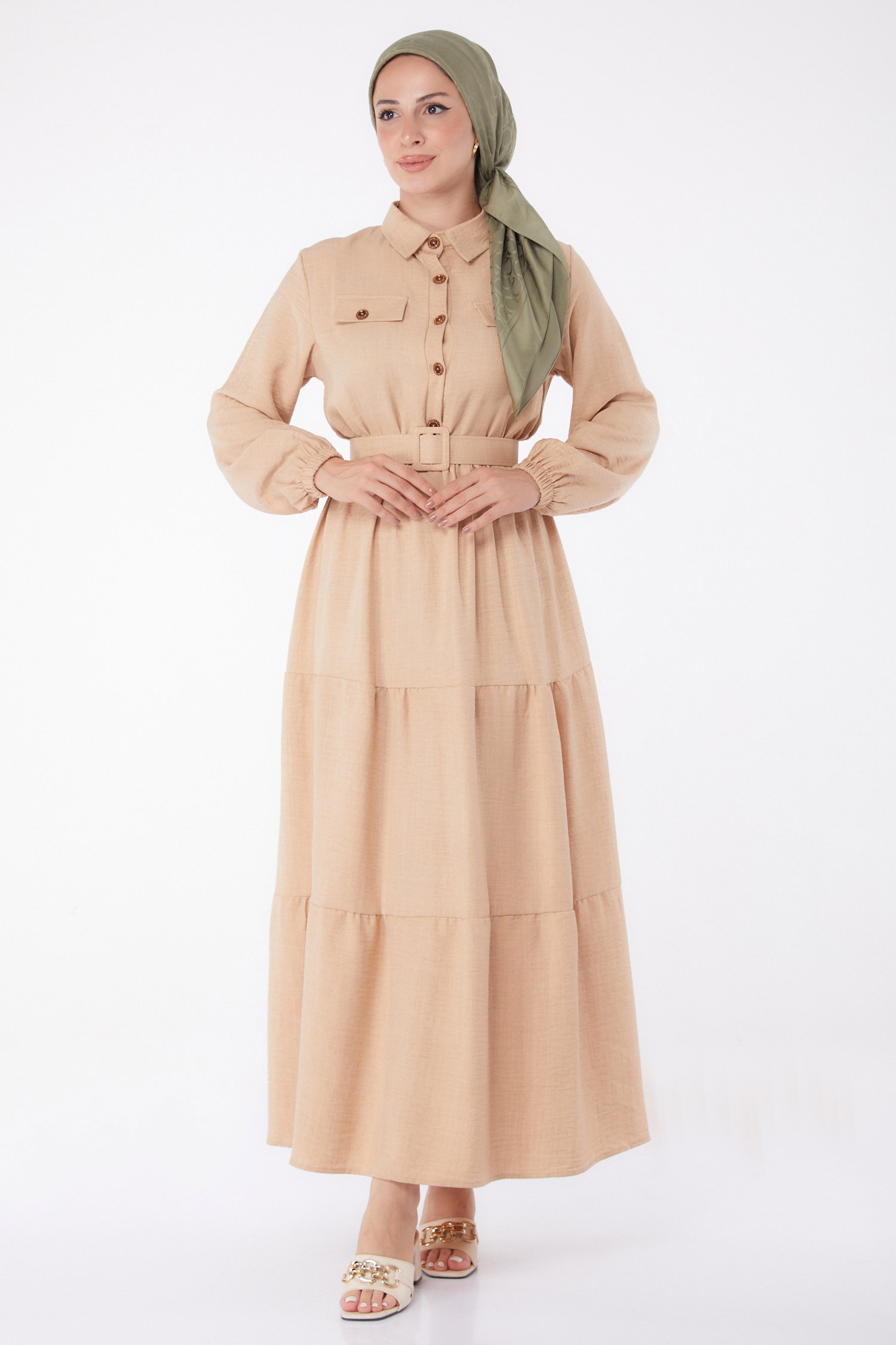 Düz Gömlek Yaka Kadın Bej Kemerli Elbise - 26074 - 2
