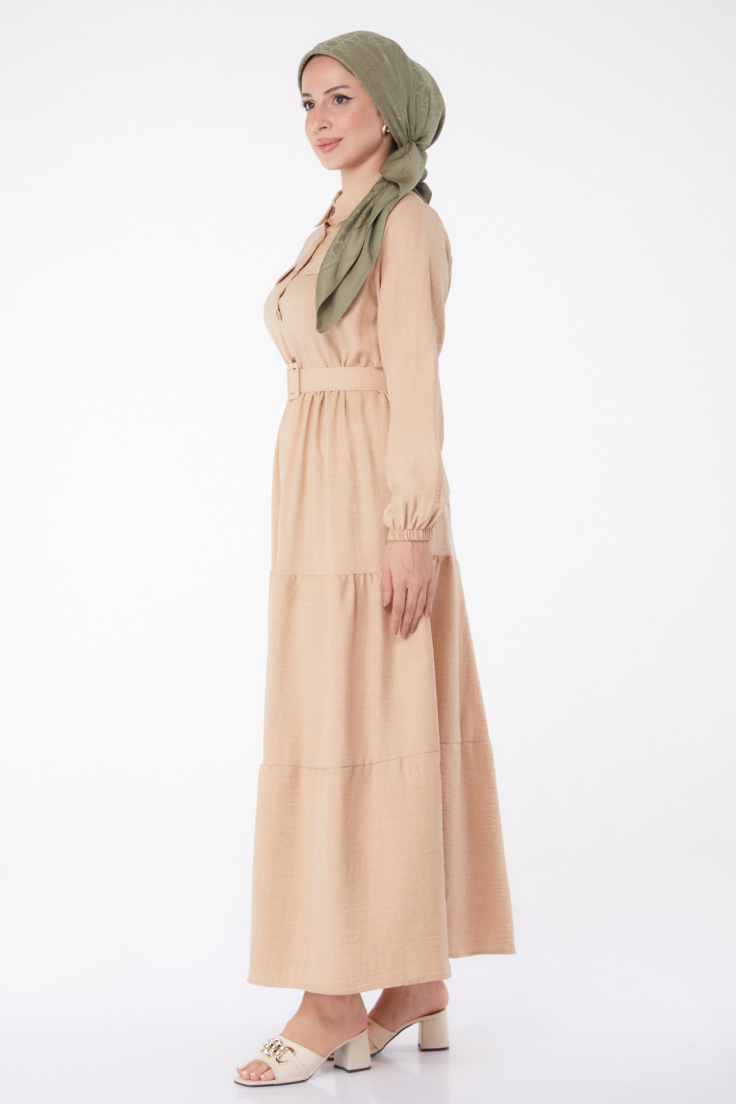 Düz Gömlek Yaka Kadın Bej Kemerli Elbise - 26074 - 4