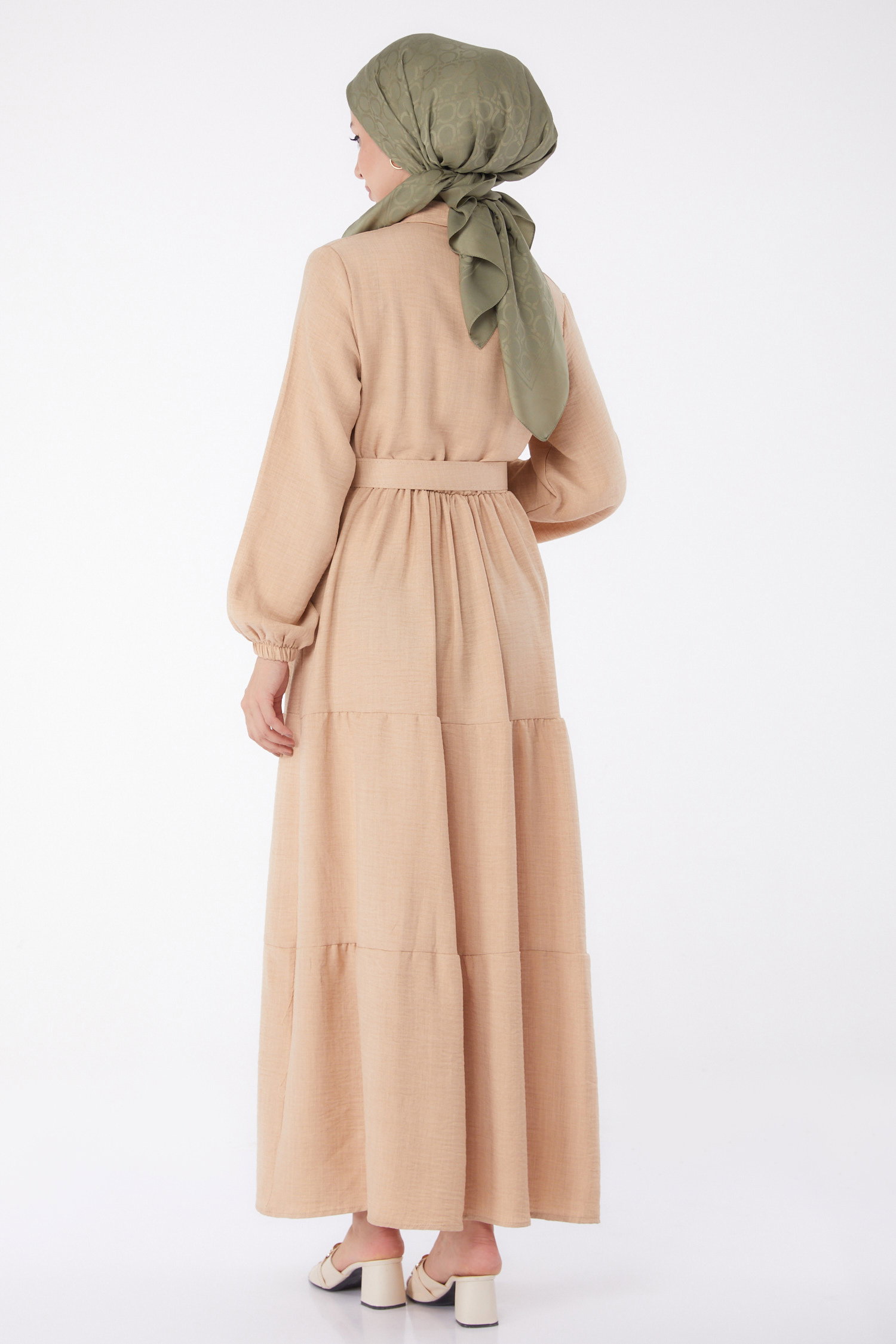 Düz Gömlek Yaka Kadın Bej Kemerli Elbise - 26074 - 5