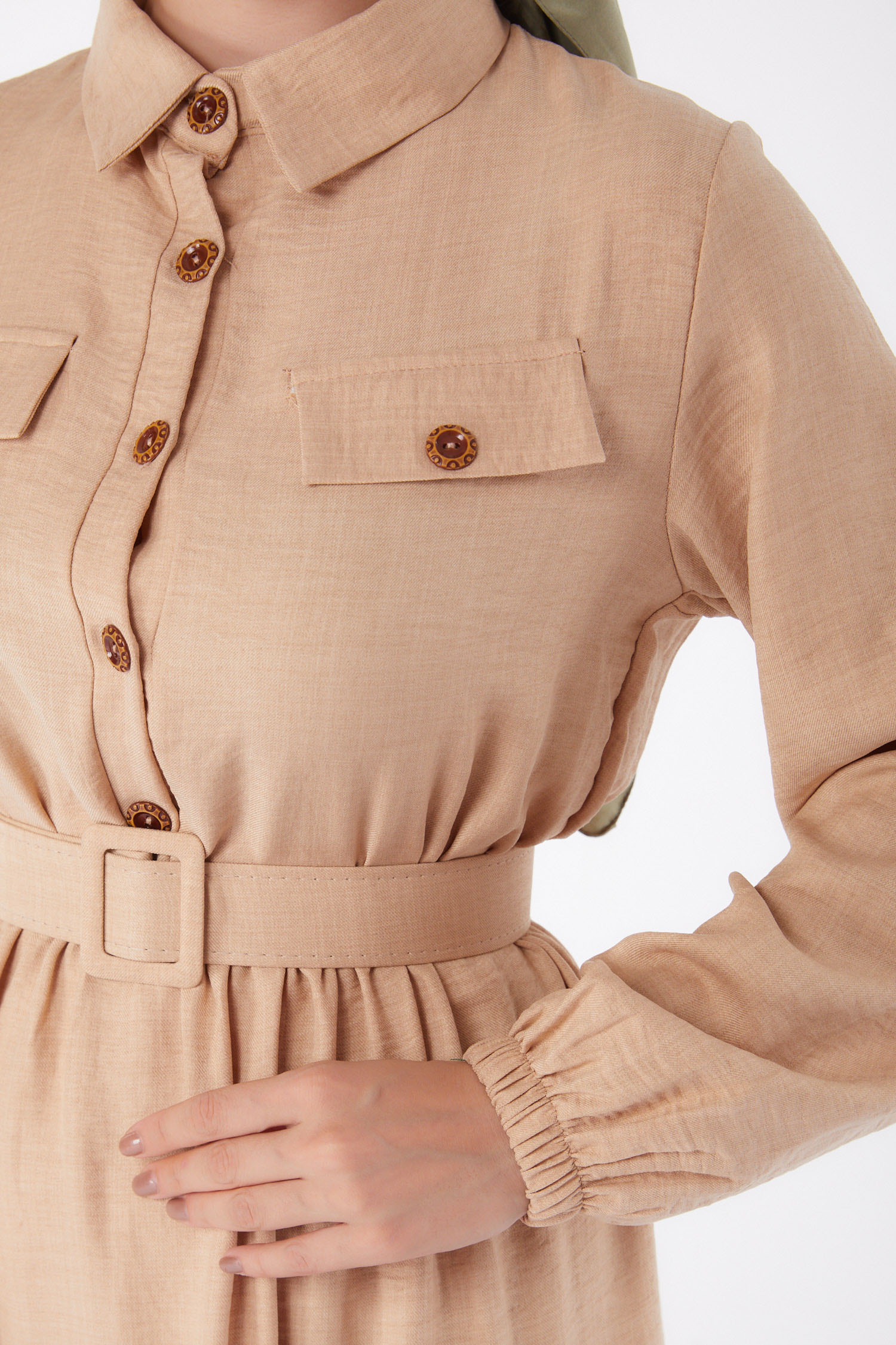 Düz Gömlek Yaka Kadın Bej Kemerli Elbise - 26074 - 6