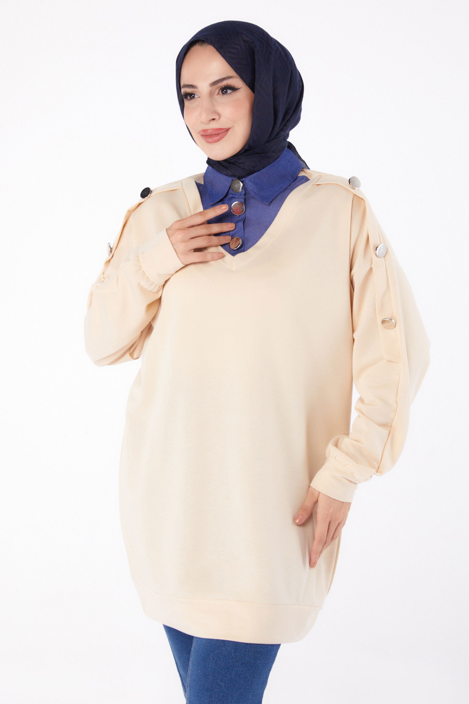 Kot Detaylı Sweatshirt Bej - 13298 - 1