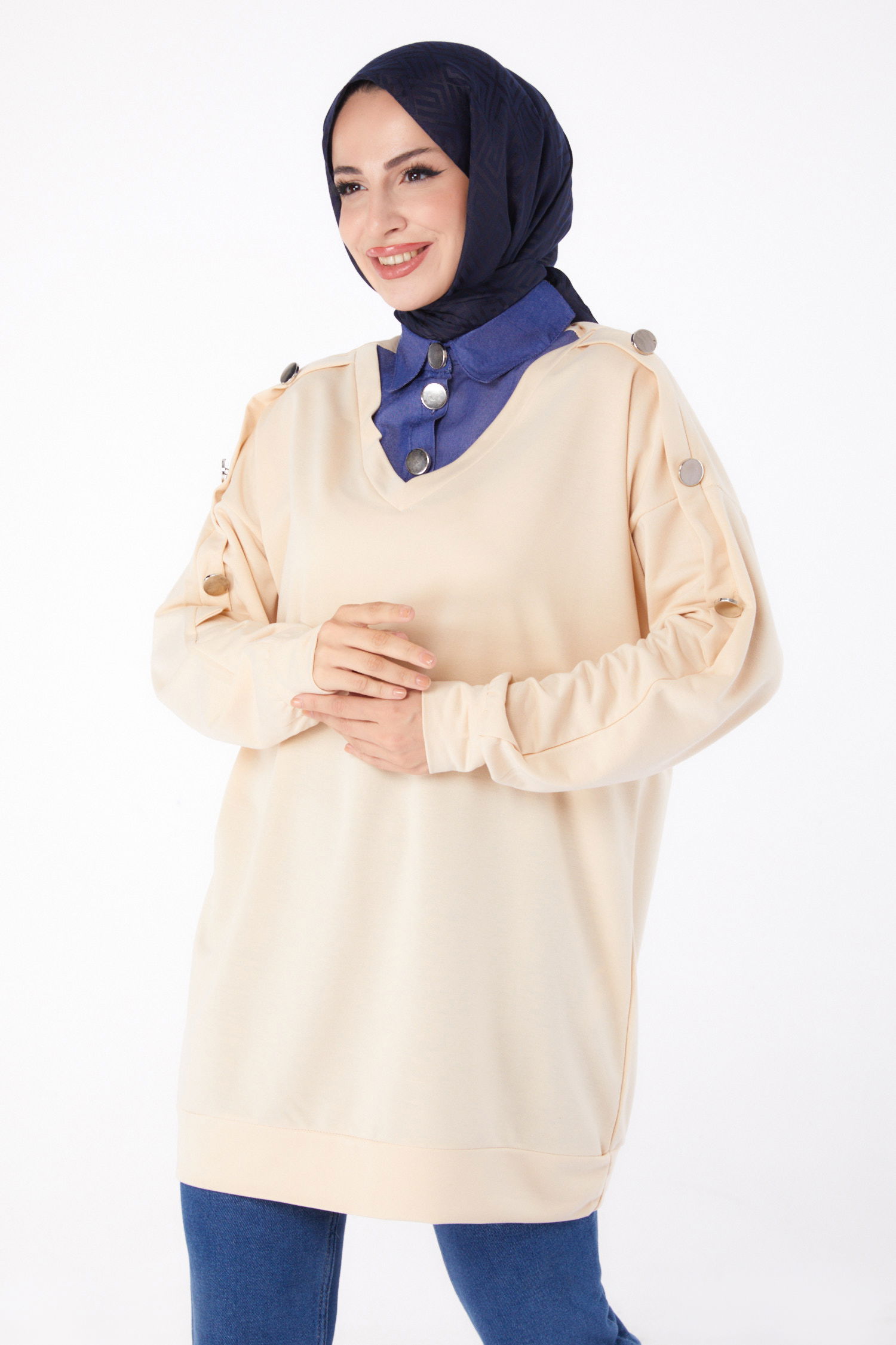 Kot Detaylı Sweatshirt Bej - 13298 - 2