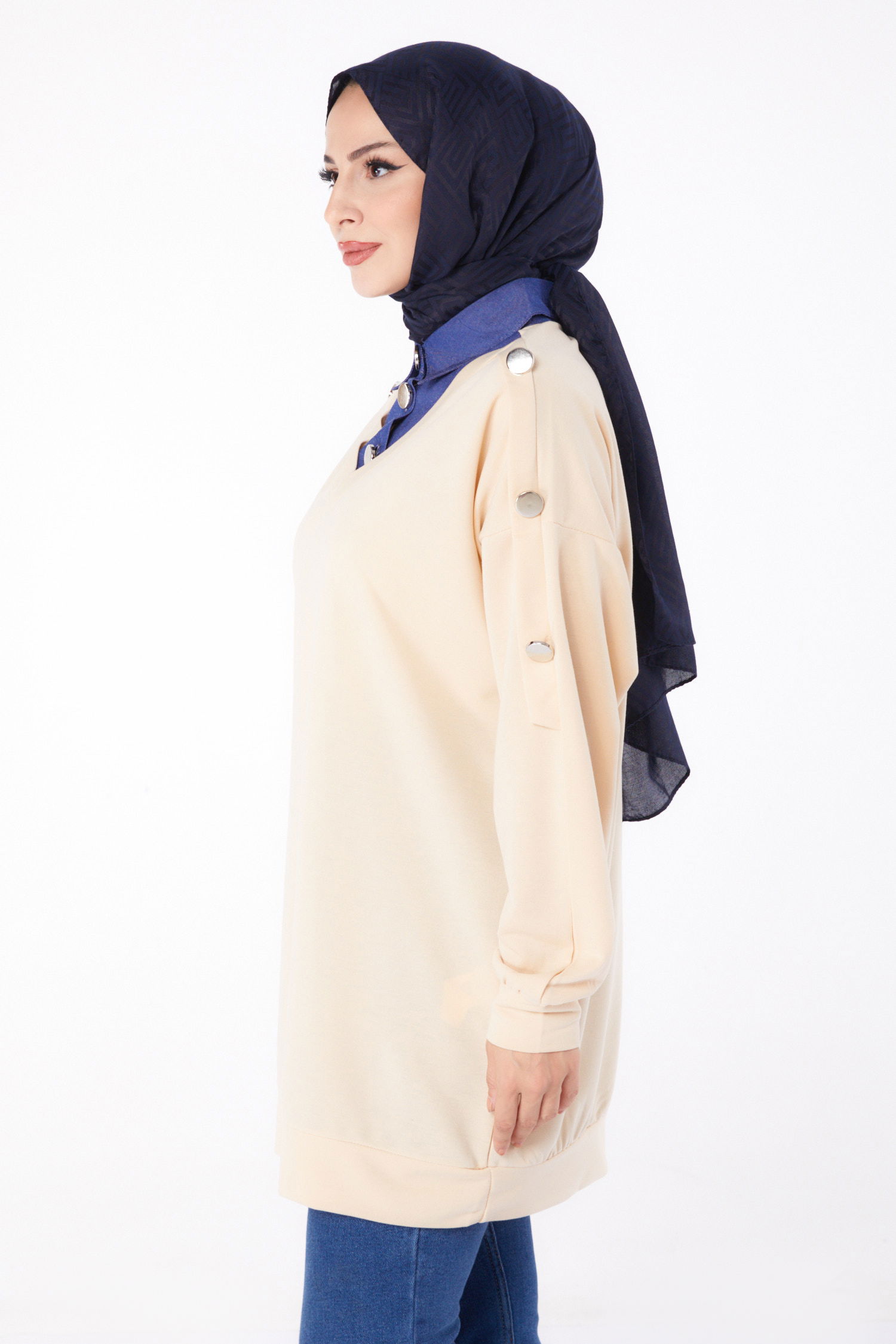 Kot Detaylı Sweatshirt Bej - 13298 - 3