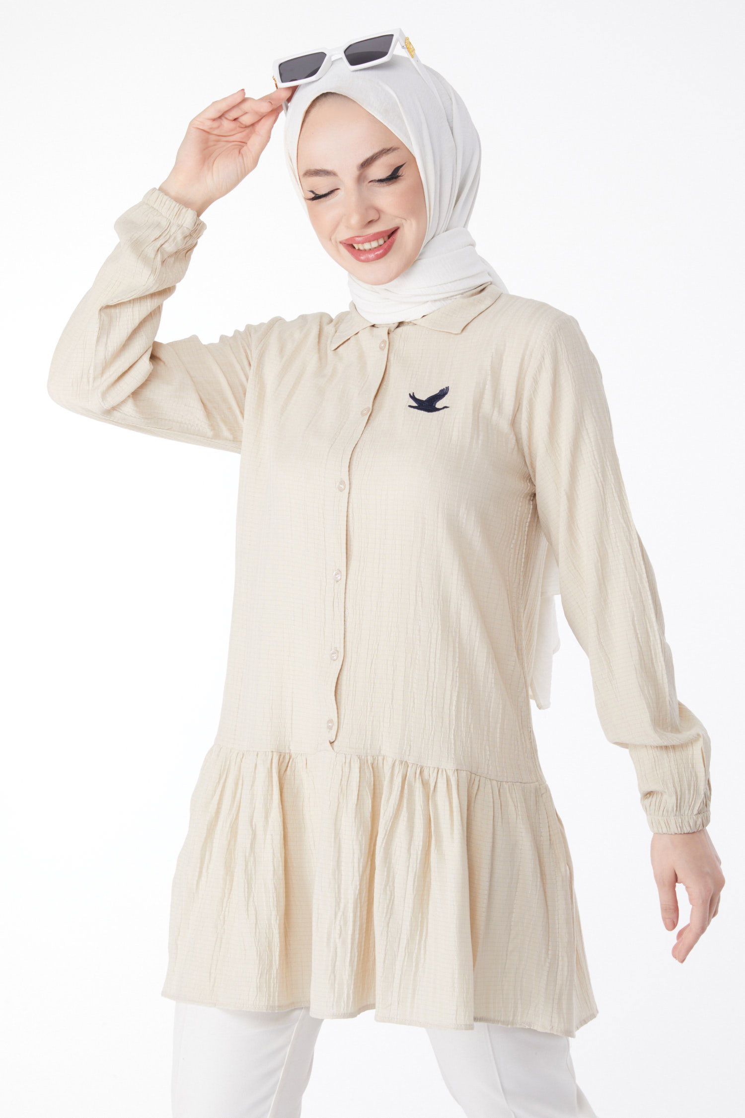 Kuş Nakış Detaylı Tunik Bej - 24974 - 1