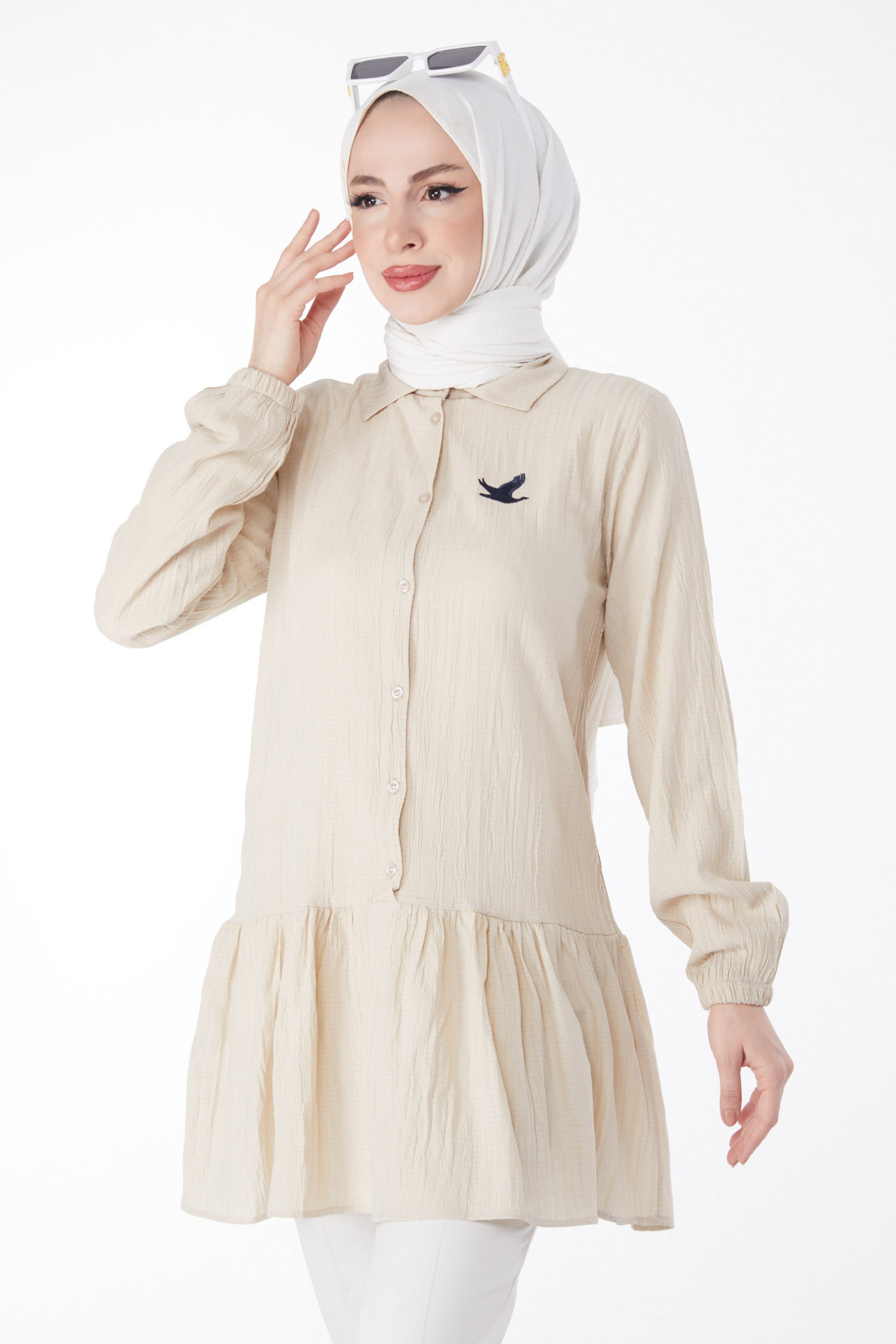Kuş Nakış Detaylı Tunik Bej - 24974 - 2