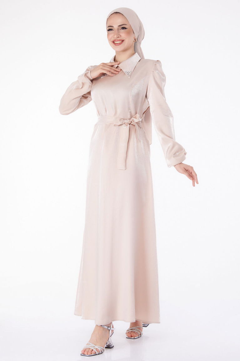 Düz Gömlek Yaka Kadın Bej Kuşaklı Elbise - 25406 - TOFİSA