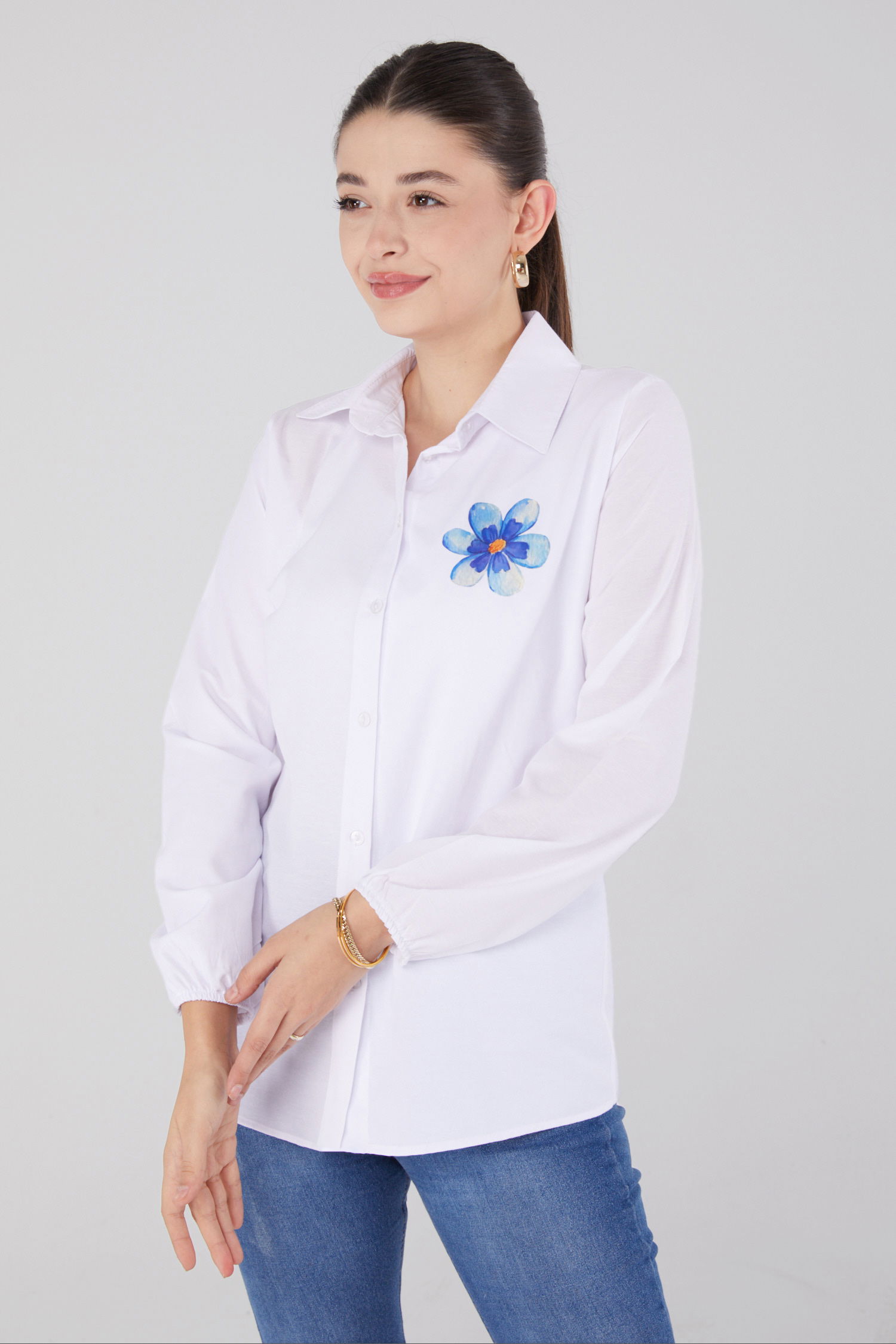 Baskılı Gömlek Beyaz - 13338 - 2