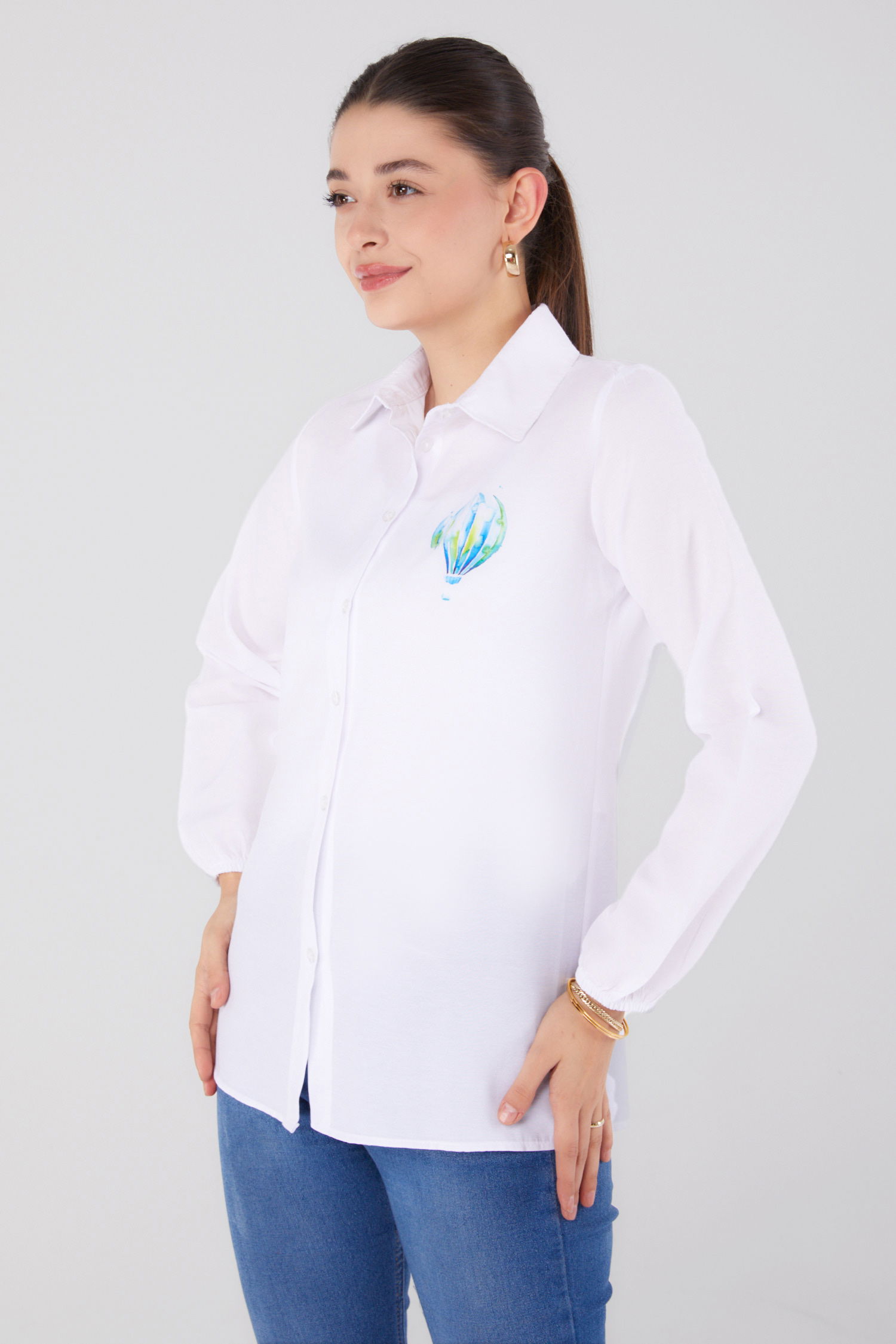 Baskılı Gömlek Beyaz - 13341 - 2