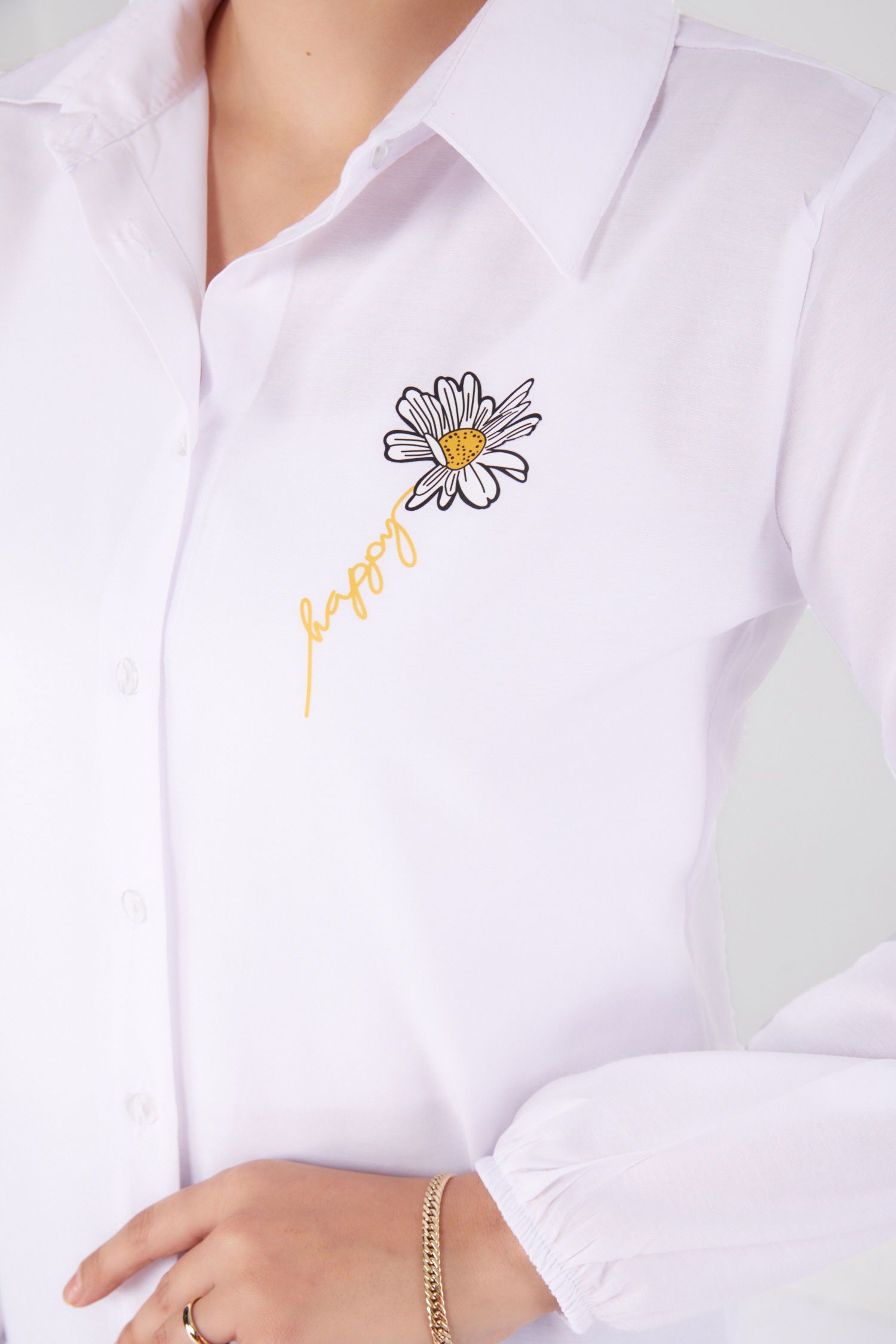 Düz Gömlek Yaka Kadın Beyaz Baskılı Gömlek - 13343 - 5