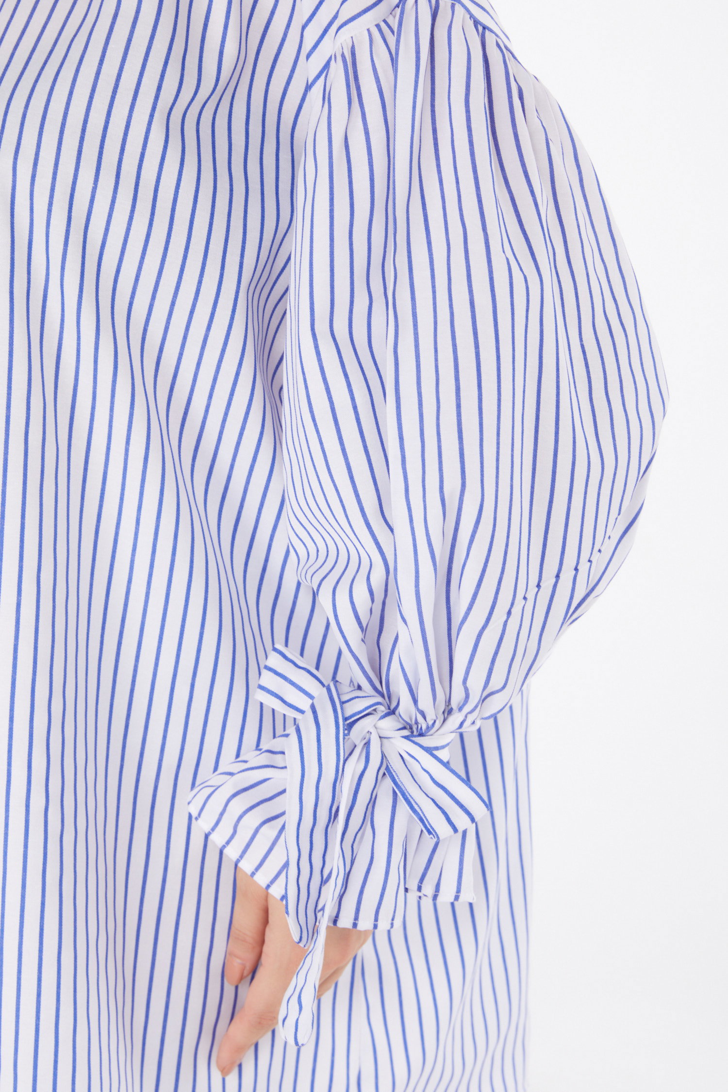 Düz Gömlek Yaka Kadın Beyaz Çizgili Balon Kol Gömek - 25887 - 3