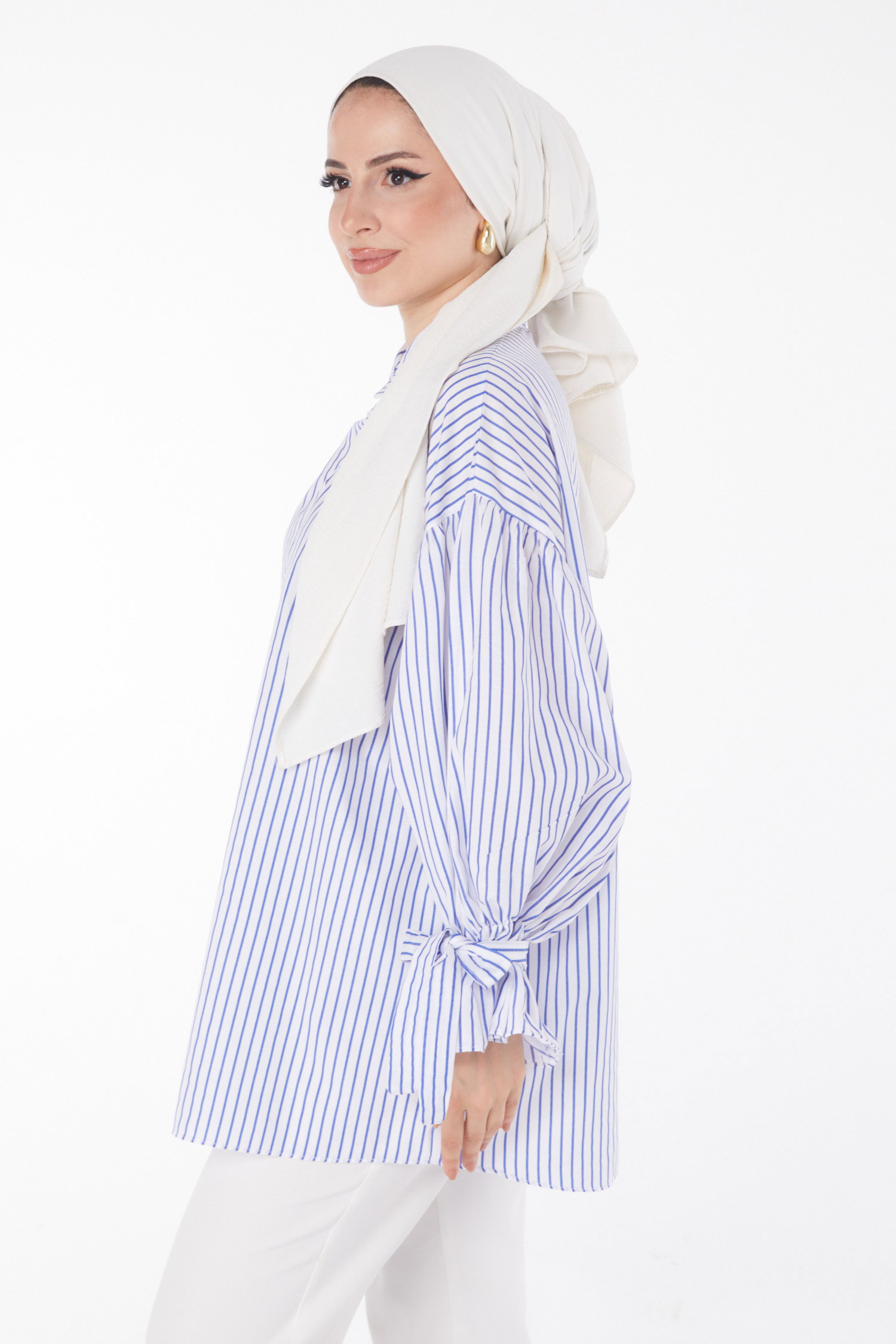 Düz Gömlek Yaka Kadın Beyaz Çizgili Balon Kol Gömek - 25887 - 4