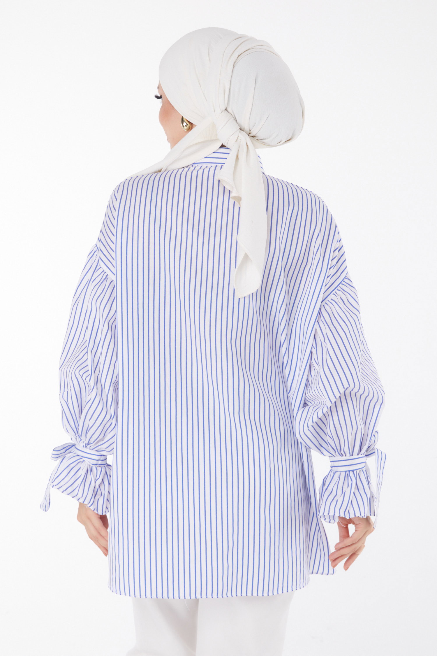 Düz Gömlek Yaka Kadın Beyaz Çizgili Balon Kol Gömek - 25887 - 5