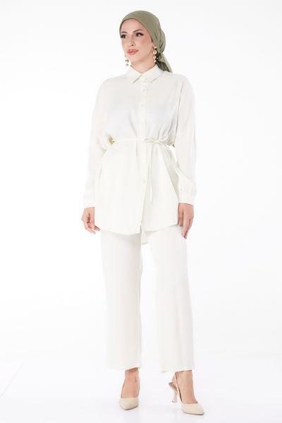 Düz Gömlek Yaka Kadın Beyaz Kuşaklı İkili Takım - 26142 