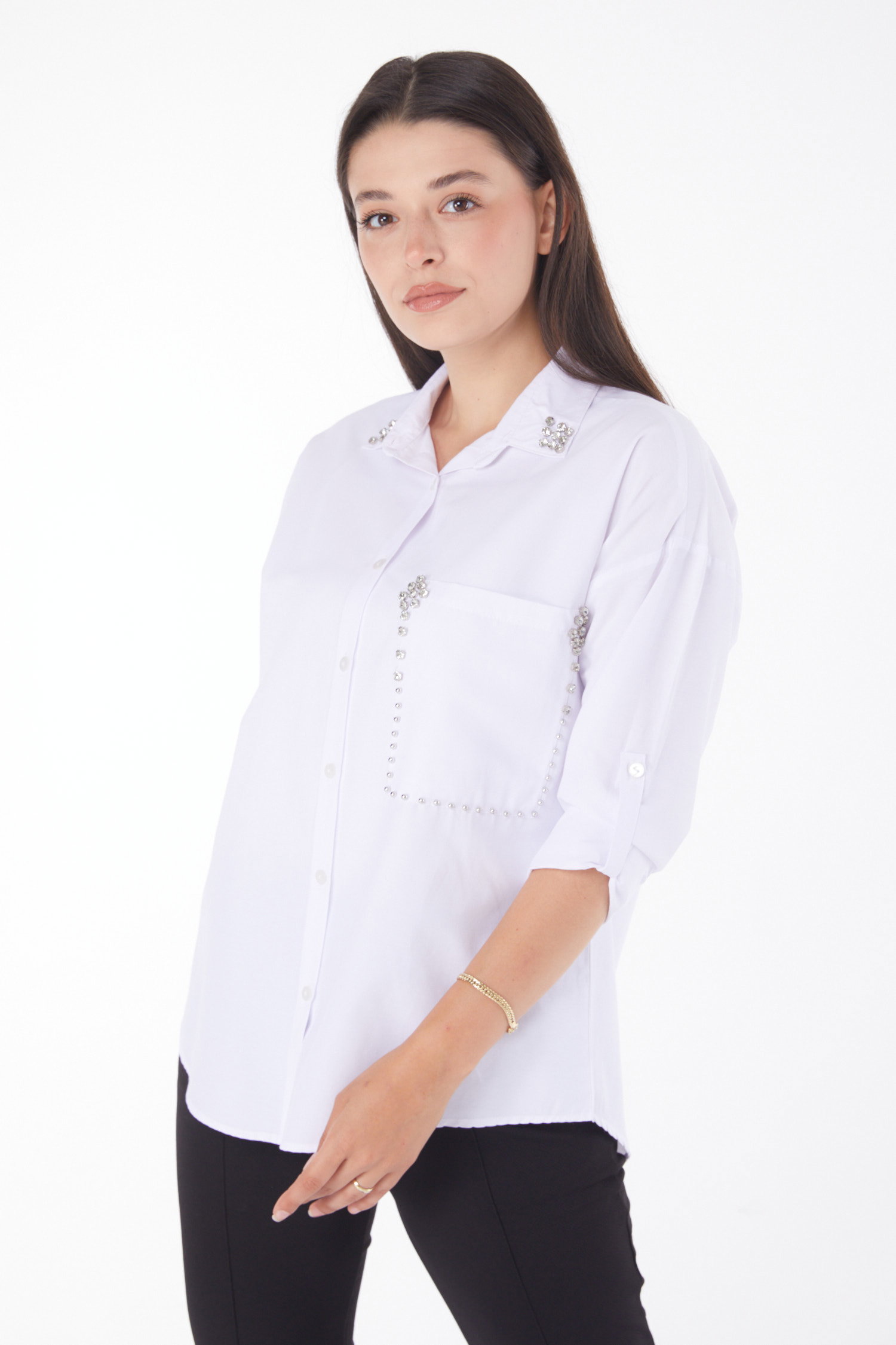 Düz Gömlek Yaka Kadın Beyaz Taşlı Gömlek - 25909 - 2