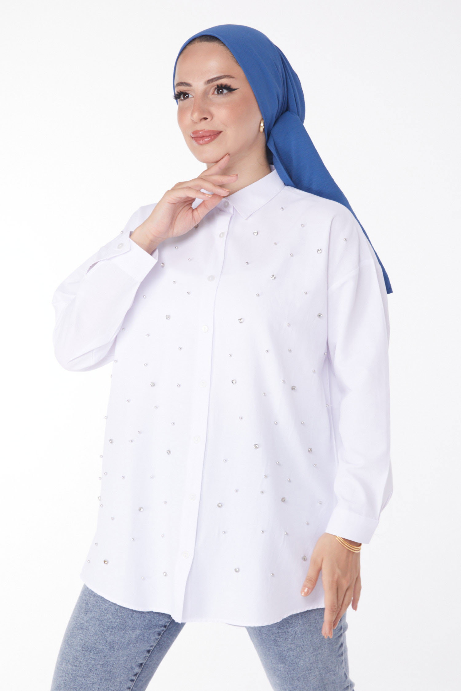 Düz Gömlek Yaka Kadın Beyaz Taşlı Tunik - 25908 - 2