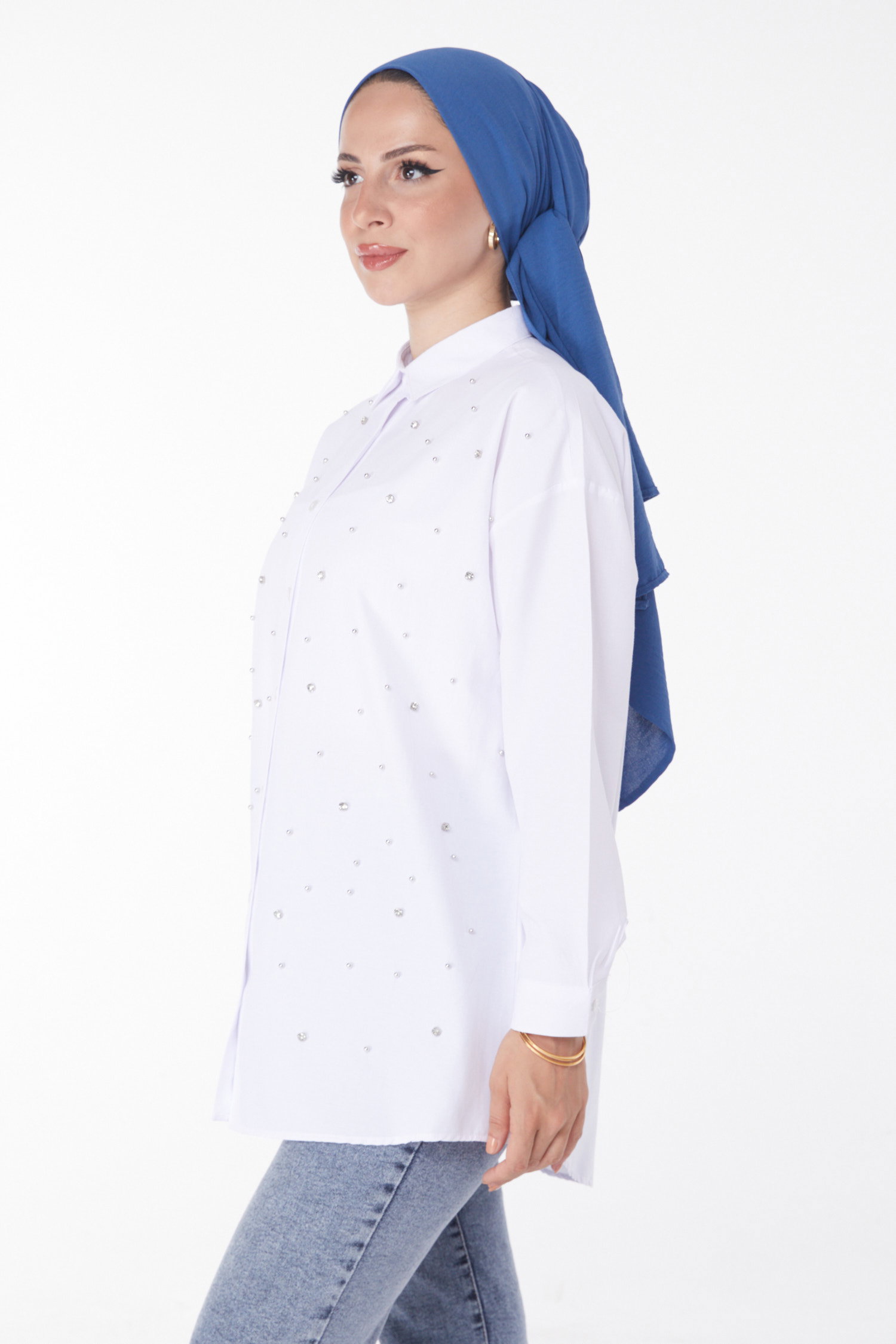 Düz Gömlek Yaka Kadın Beyaz Taşlı Tunik - 25908 - 3