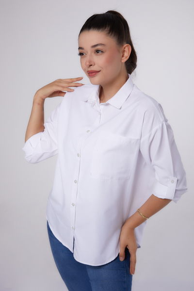 Düz Gömlek Yaka Kadın Beyaz Tek Cepli Gömlek - 26268 