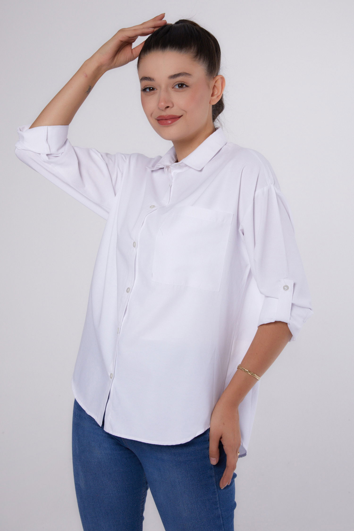 Düz Gömlek Yaka Kadın Beyaz Tek Cepli Gömlek - 26268 - 3