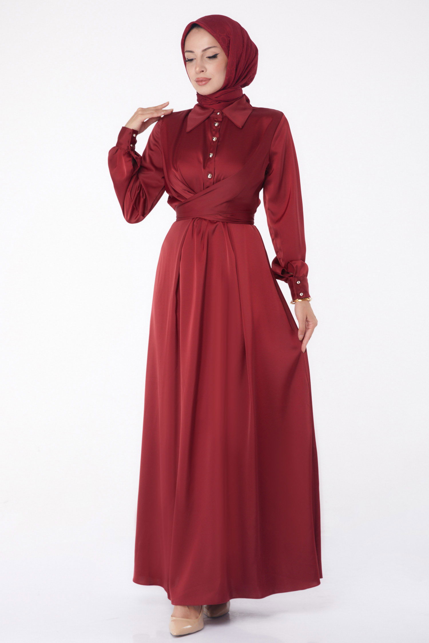 Düz Gömlek Yaka Kadın Bordo Abiye Elbise - 26194 - 1