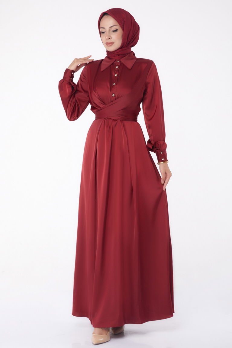 Düz Gömlek Yaka Kadın Bordo Abiye Elbise - 26194 - TOFİSA