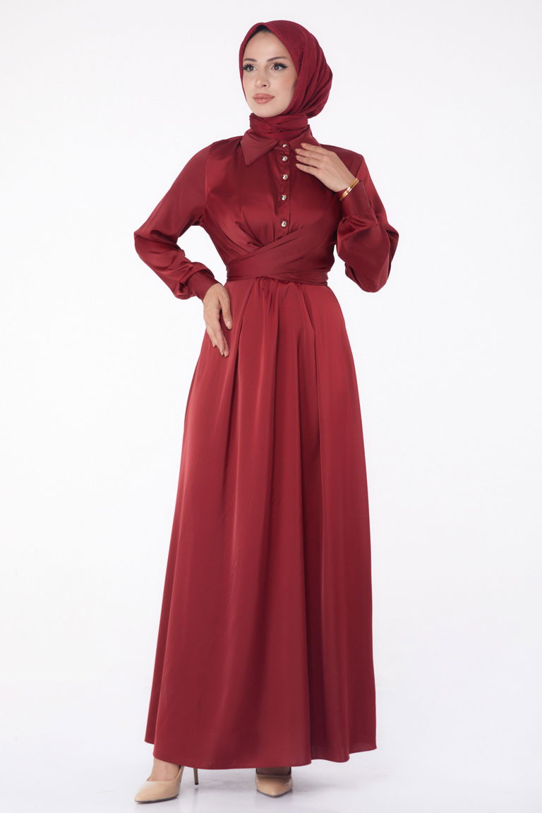 Düz Gömlek Yaka Kadın Bordo Abiye Elbise - 26194 - TOFİSA