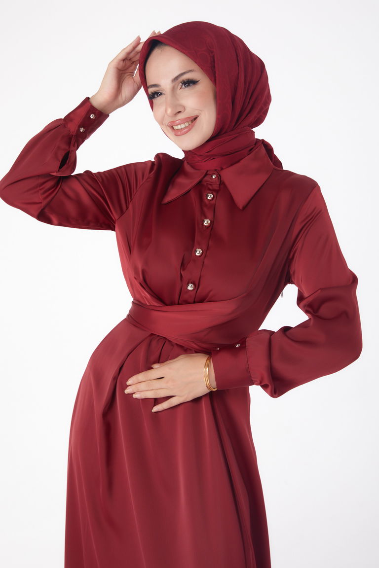 Düz Gömlek Yaka Kadın Bordo Abiye Elbise - 26194 - TOFİSA