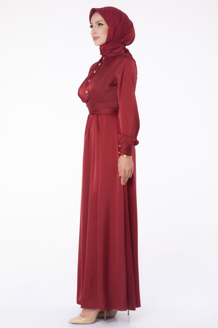 Düz Gömlek Yaka Kadın Bordo Abiye Elbise - 26194 - TOFİSA