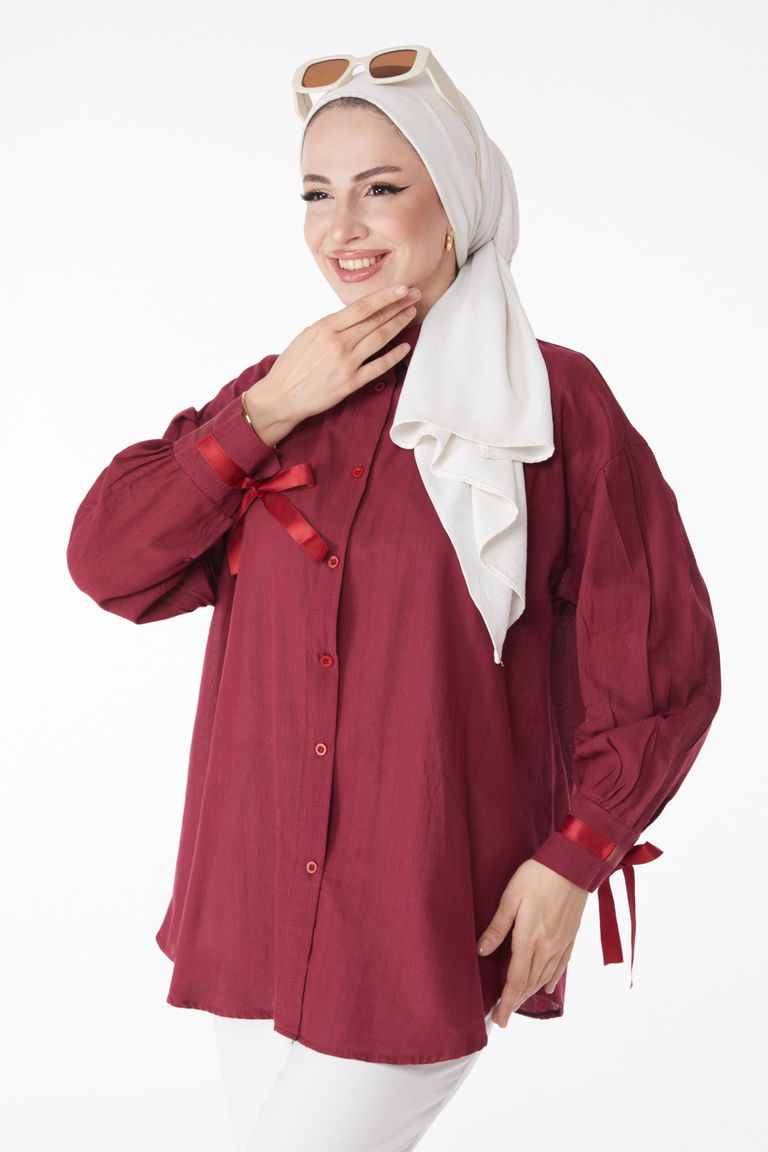 Balon Kollu Bağcık Detaylı Gömlek Bordo - 13161 - TOFİSA
