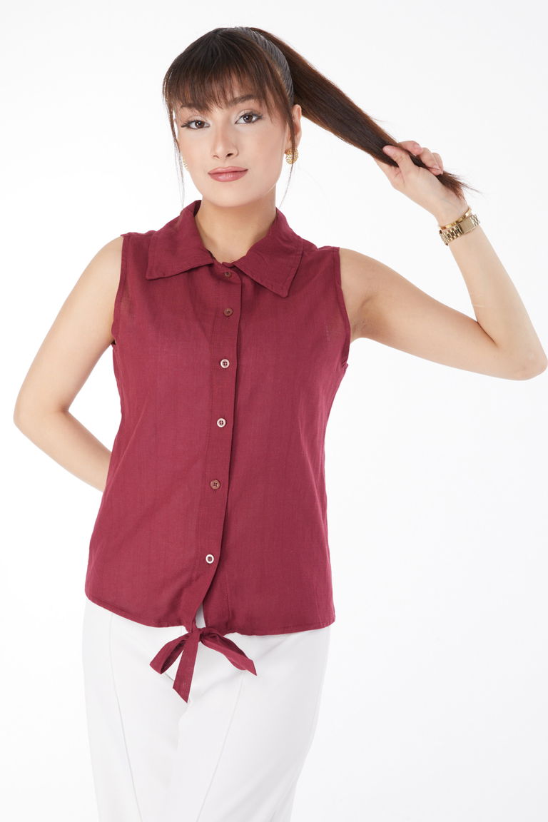 Düz Gömlek Yaka Kadın Bordo Bel Bağlamalı Kısa Gömlek - 13155 - TOFİSA