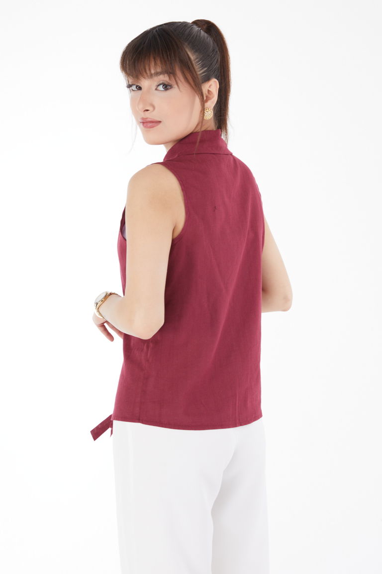 Düz Gömlek Yaka Kadın Bordo Bel Bağlamalı Kısa Gömlek - 13155 - TOFİSA